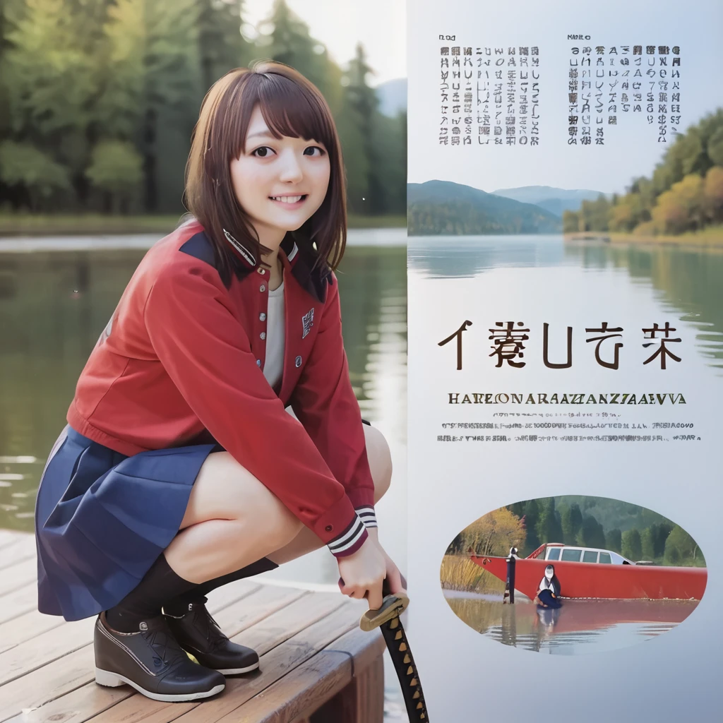 score_9, score_8_up, score_7_up, score_6_up, <lora:KanaZawa:0.8> kanahanazawa wearing red letterman jacket, skirt, squatting, long hair, holding wooden katana, lake, smile, magazine article, japanese text, multiple views,