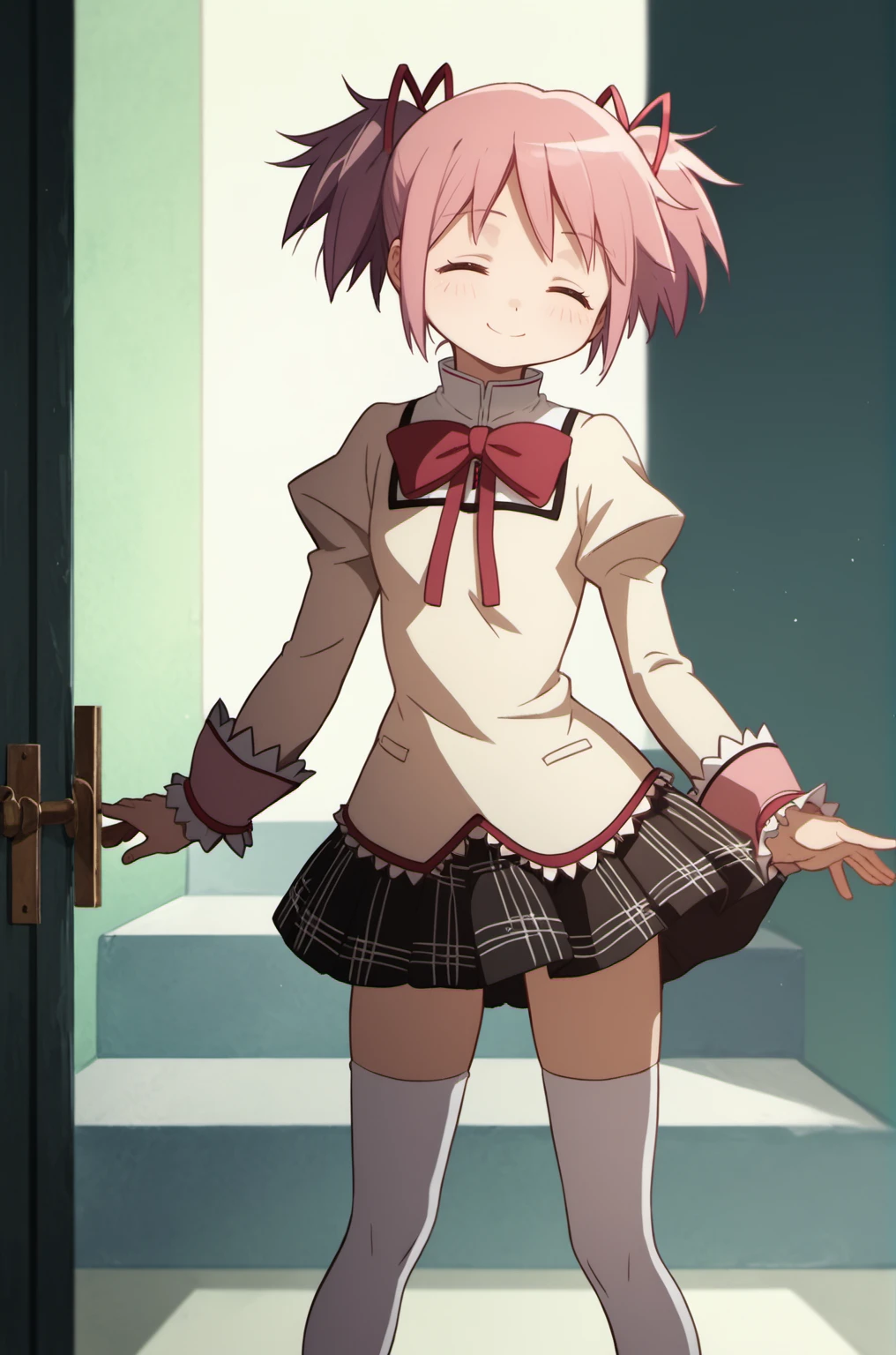 masterpiece:1.5, high quality, blush, smile, closed mouth, looking at viewer, white panties, madoka, school uniform, black skirt, two side up, short twintails, pink hair, ((flat chest, slender)), lanky, Skinny body, petite body, Slim Body, Slim waist, Slim legs, Slim hips, bare knuckle, lift skirt, skirt lift, lifted by self, , indoors, classroom, looking at viewer, from below, cowboy shot