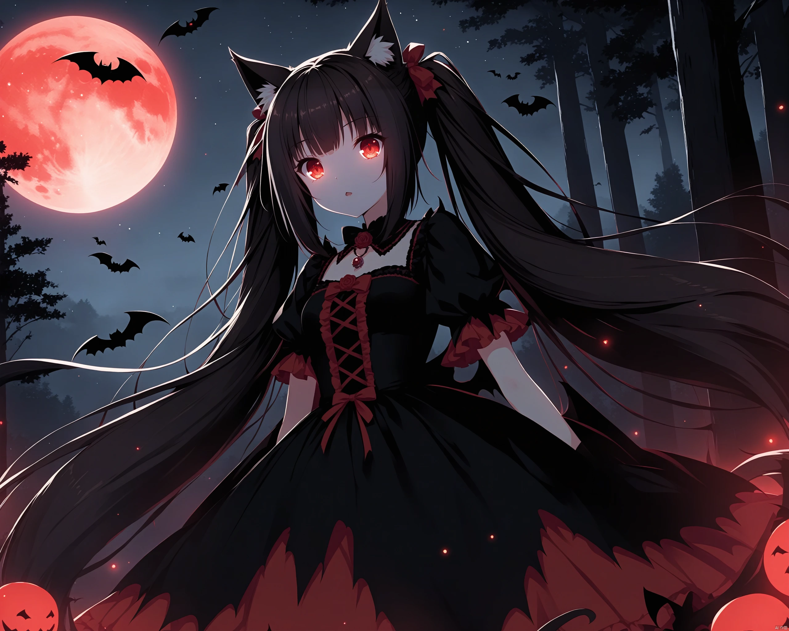 DALLE-Sytles,nekopara,Chocola_\(nekopara\), moon, solo, long_hair, animal_ears, twintails, wings, red_moon, bat_(animal), full_moon, dress, very_long_hair, cat_ears, night, looking_at_viewer, bat_wings, outdoors, red_eyes, glowing_eyes, bangs, tree, nature, forest, black_hair, glowing, red_theme<lora:EMS-320496-EMS:0.300000>, <lora:EMS-320503-EMS:0.800000>