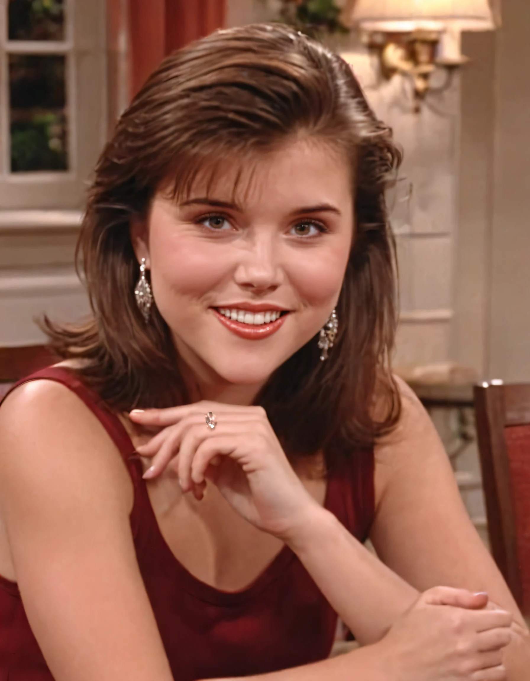 In this emotionally rich scene, Kelly Kapowski sat alone in the dusky evening light, her soft shy smile illuminating her face as she traced imaginary lines along the table with her fingers. The realistic, deep focus on her brown hair framing her face, contrasted by a turtleneck, showcased the intricacy of her hair's texture and color, while her parted lips held just a hint of natural red, revealing subtle teeth as she smiled. Wearing a single pair of delicate earrings adorned with teardrop shaped jewels, her world of depth of field appeared to be an intricate dance between reality and imagination, reflecting the depths within this soft-spoken yet complex young woman. kelly kapowski <lora:rktgxt18e2f4dfe25v185c:1>