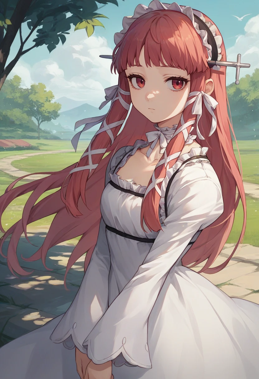 score_9, score_8_up, score_7_up, source_anime, solo, 1girl, yoshino chidori, expressionless, looking at viewer, standing, hair ribbon, hairband, frills, white dress, ribbon, frilled choker, outdoors <lora:persona3_yoshino_ponyXL:1>