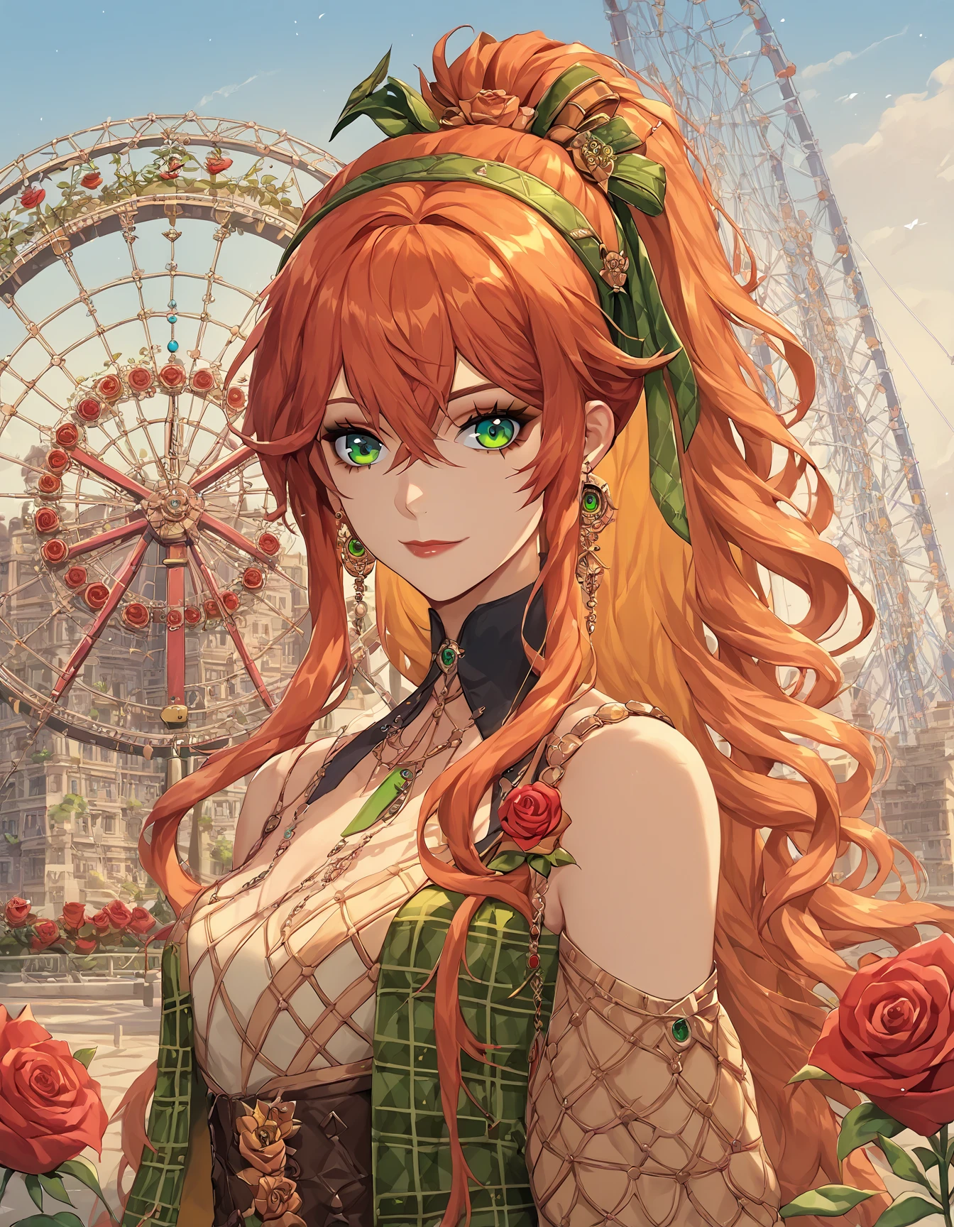 score_9, score_8_up, score_7_up, score_6_up, score_5_up, score_4_up, 1girl, solo, long hair, looking at viewer, hair ornament, green eyes, dress, ribbon, plaid jacket, celtic heritage, wild irish rose, hair between eyes, bare shoulders, jewelry, closed mouth, smile, makeup, lipstick, eyeliner, hair ribbon, upper body, ponytail, flower, sidelocks, hairband, earrings, detached sleeves, orange hair, red hair, multicolored hair, hair flower, tartan dress, plaid ribbon, gold flower, outdoors, celtic theme, roses, ferris wheel, theme park, cyberpunk, electricity, wires, red flower, crossed bangs, source_anime