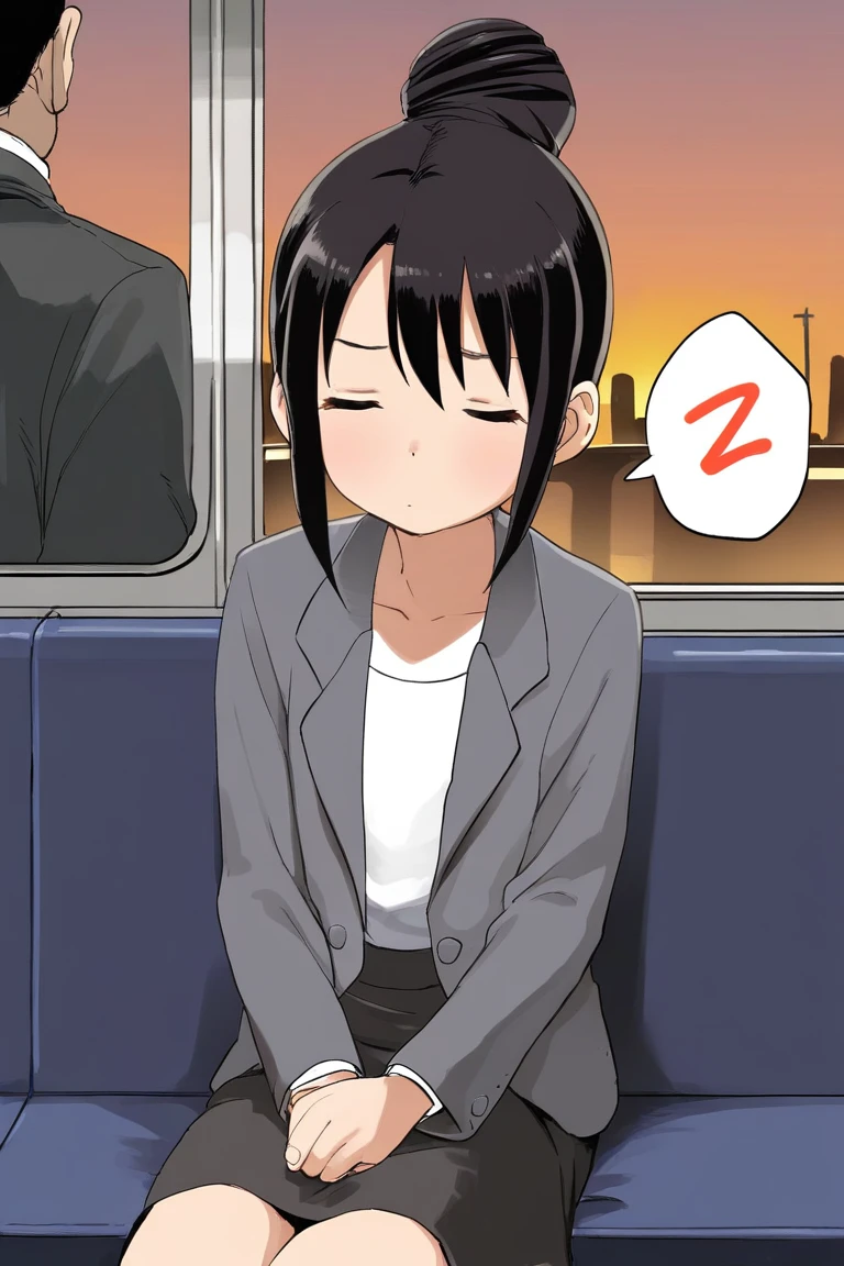 score_9, score_8_up, score_7_up, rating_safe BREAK
1girl, mature, flat chest, single hair bun, dark hair, closed eyes, sleepy, grey blazer, white shirt, formal suit, skirt, sitting, v arms, (spoken zzz:1.2), public train, train interior, city background, sunset