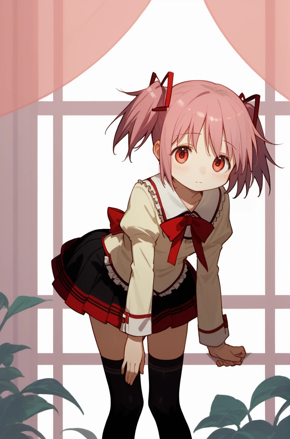 madoka \(Puella Magi Madoka Magica\),1girl,short twintails,mitakihara school uniform,short hair,thighhighs,zettai ryouiki,<lora:madoka_pony:0.8>,legs_together,leaning_forward,striped_background,, score_9,score_8_up,score_7_up,score_6_up,score_5_up,score_4_up,
