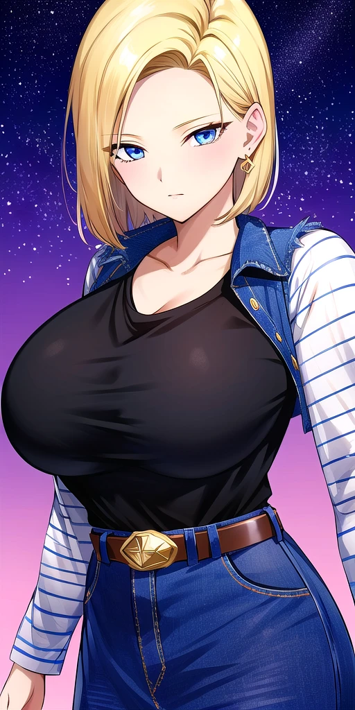 <lora:Lazuli18gouV2:0.7> lazuli18gou, huge_breasts, standing, solo, Black_shirt_striped_sleeves_long_sleeves_Denim_skirt_miniskirt_Belt,denim_vest, starry_sky,, masterpiece, best_quality, detailed_face, detailed_eyes, highres, beautiful, detailed, absurdres,