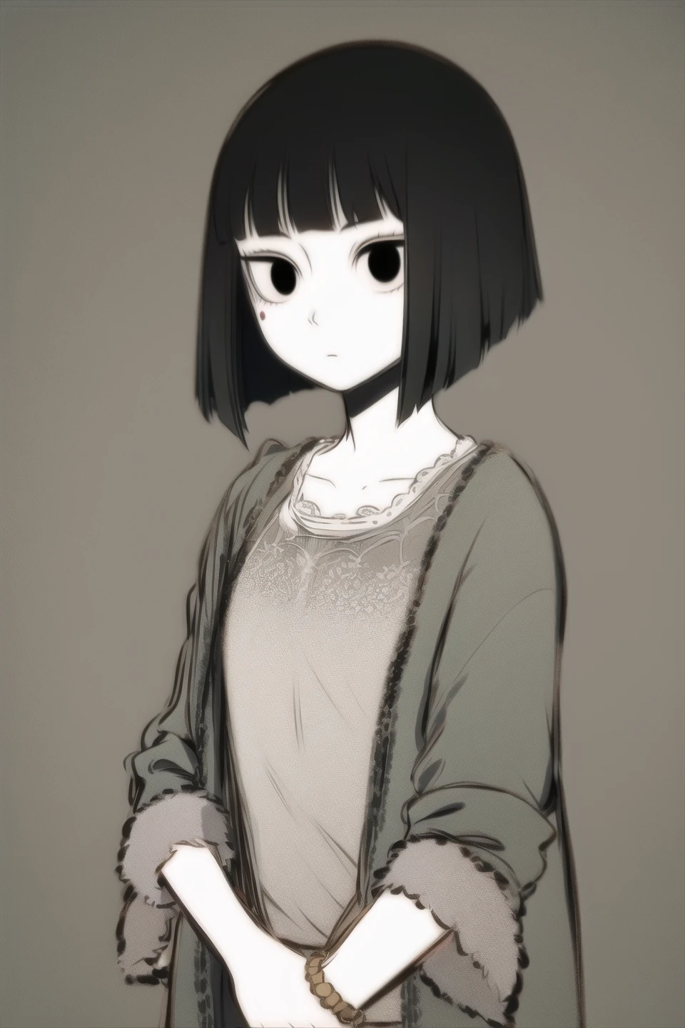 1girl,solo,black hair,short hair,white skin,black eyes,expressionless,simple background,masterpiece,best quality,high quality,<lora:FRZ:1>,