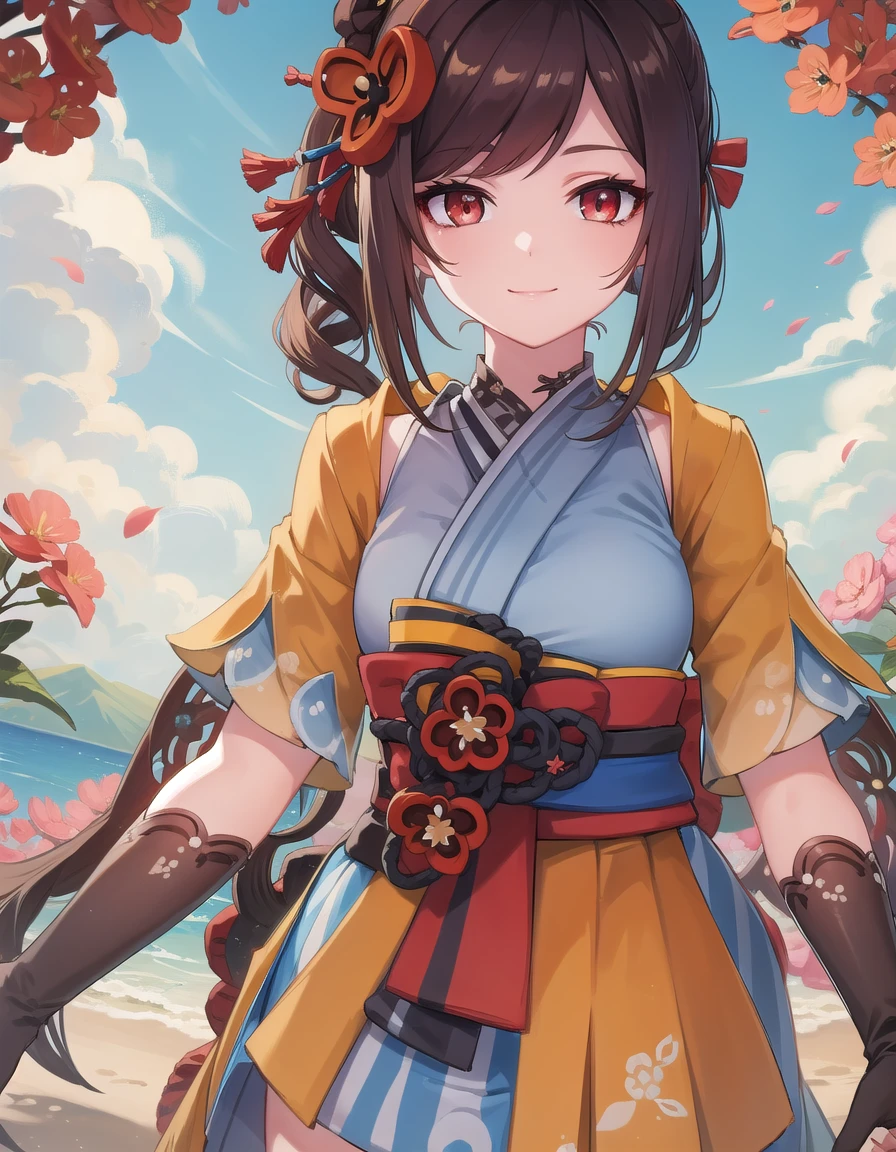 genshinchiori, <lora:genshin chiori ingamebooru-lora-nochekaiser:1>,
chiori, brown hair, hair ornament, (red eyes:1.3), flower, hair flower, smile,
BREAK gloves, japanese clothes, sash, obi,
BREAK outdoors,
BREAK looking at viewer, (cowboy shot:1.5),
BREAK <lyco:GoodHands-beta2:1>, (masterpiece:1.2), best quality, high resolution, unity 8k wallpaper, (illustration:0.8), (beautiful detailed eyes:1.6), extremely detailed face, perfect lighting, extremely detailed CG, (perfect hands, perfect anatomy),