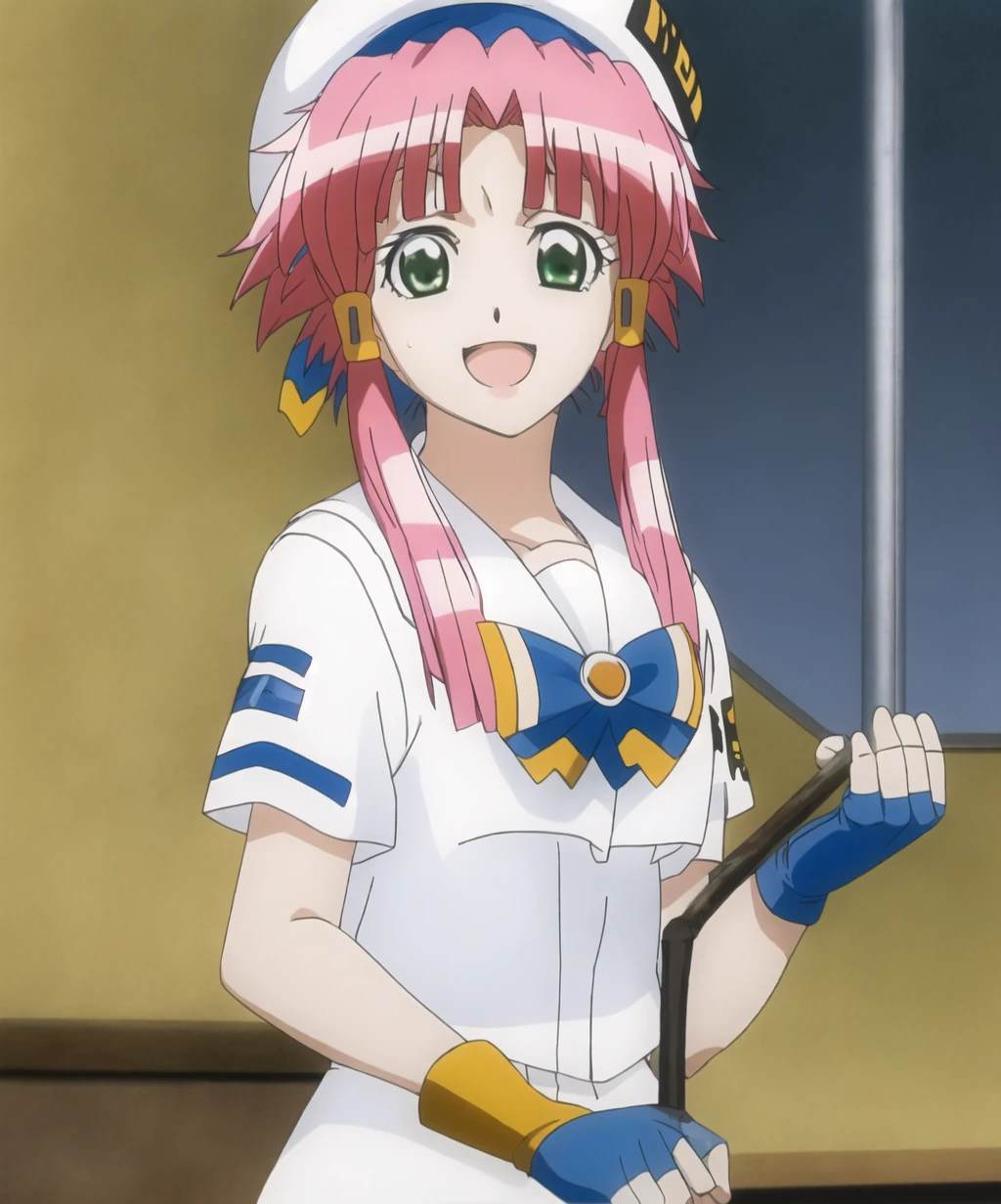 1girl,solo,smile,open mouth,shirt,gloves,hat,green eyes,white shirt,pink hair,sidelocks,fingerless gloves,sailor collar,sweatdrop,uniform,beret,parody,hair tubes,short hair with long locks,blue gloves,anime coloring,aria company uniform,mizunashi akari,<lora:aria_style-03:1>,