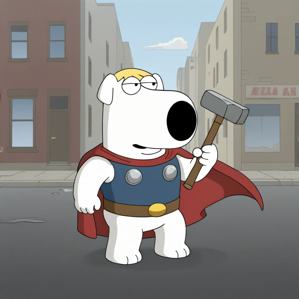 a brian griffin wears a thor suit and a ((blond wig)), hold a big hammer, in the street <lora:Brian1024:0.8>