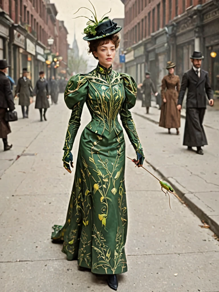 sharp, uhd, absurdres, woman wearing dress with a praying mantis design and hat walking in the sidewalk <lora:Belle_Epoque_Dresses_1880-1914_XL:1> 1890_dr3ss