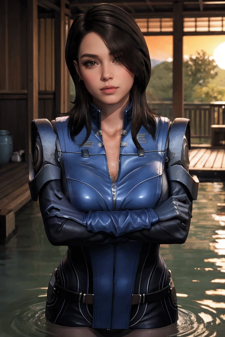 masterpiece, best quality, high quality, highres, wading,looking at viewer,solo,water, sunset, onsen, wisteria,moody lighting, BREAK, 
GAME_MassEffect_Ashley_ownwaifu, www.ownwaifu.com, 
1girl, long hair, lips,  breasts, black hair, brown eyes, nose, hair over one eye,large breasts,  collarbone, makeup,  bangs, thighs, 
bodysuit,gloves, jacket, uniform,  cleavage, shoulder pads, zipper, emblem, military,skin tight, blue bodysuit, holster, pilot suit, 
<lora:GAME_MassEffect_Ashley_ownwaifu-15:0.9>