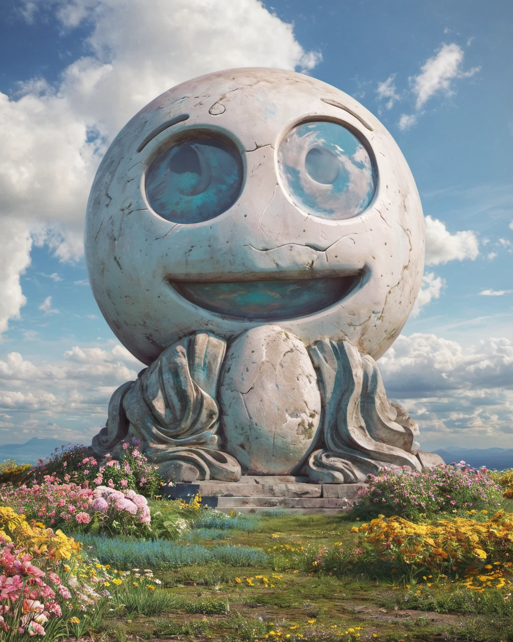 Beeple style, digital composition, ancient sculpture of a cry emoji made of stone half buried in the ground, surrounded by flowers, cloudy blue sky, meticulous detail