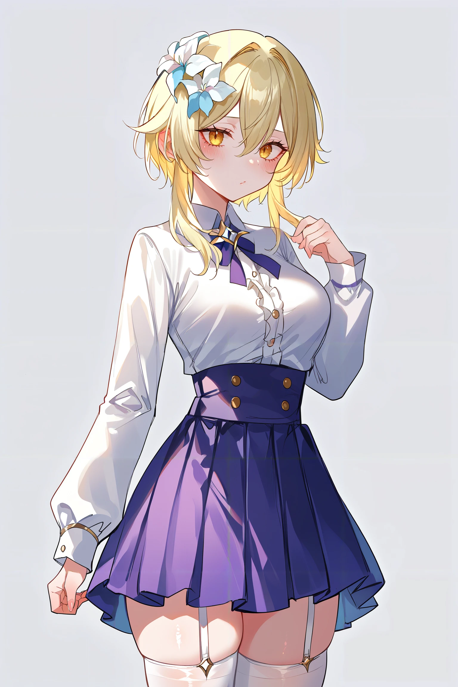 score_9,score_8_up,score_7_up,score_6_up,pottsness style, 1girl, solo, blonde hair, hair ornament, yellow eyes, hair flower, thighhighs, flower, skirt, white thighhighs, breasts, white background, shirt, long sleeves, looking at viewer, frills, white shirt, garter straps, simple background, bangs, blush, cowboy shot, short hair with long locks, white flower, alternate costume, hair between eyes, medium breasts <lora:pottsness_style_xl:1>