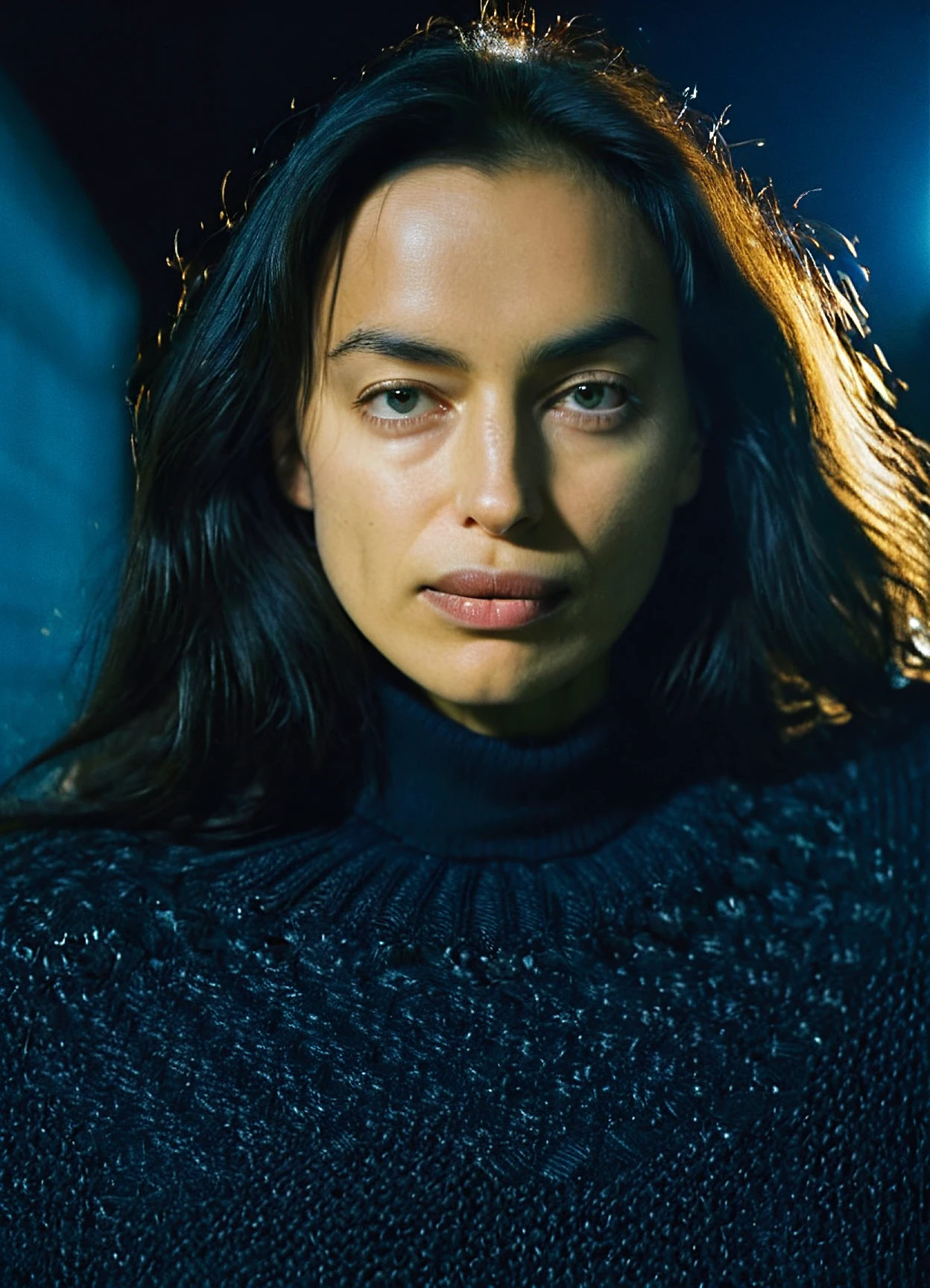ir1na woman,high resolution photo,close-up,long black hair ,looking at camera,kodachrome,F/1.8,volumetric lighting,wearing sweater,highly detailed skin,pores,night