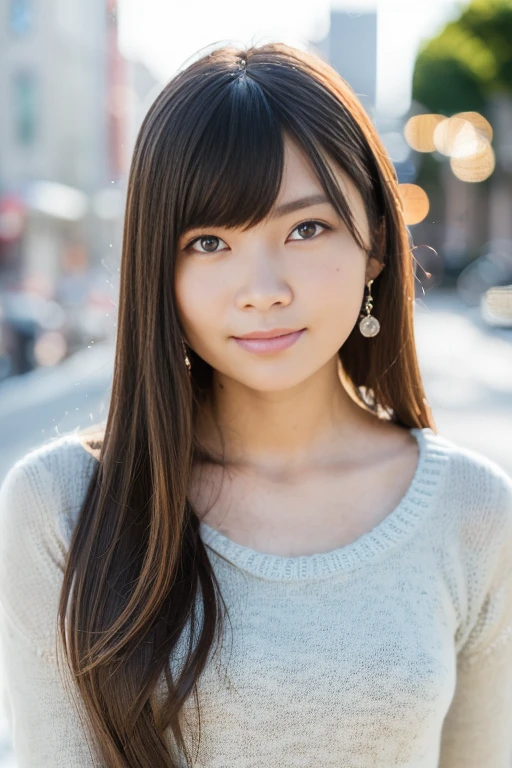 1girl, (knit top:1.6),(RAW photo, best quality:1.4), (realistic, photo-realistic:1.4), masterpiece, an extremely delicate and beautiful, extremely detailed, 2k wallpaper, Amazing, finely detail, extremely detailed CG unity 8k wallpaper, ultra-detailed, highres, soft light, beautiful detailed girl, extremely detailed eyes and face, beautiful detailed nose, beautiful detailed eyes,cinematic lighting,(blurry,bokeh backgound:1.6),(city:2.6),perfect anatomy,(slender body:1.6),(close up face,focus face:1.8),(laugh lightly,Friendly, warm:1.8),(looking at viewer:1.8), (long hair:1.6), (japanese idol:1.8), (brown eyes:1.4),(standing:1.6),(cleavage:0.8), <lora:einoairi_lora-11:0.8>