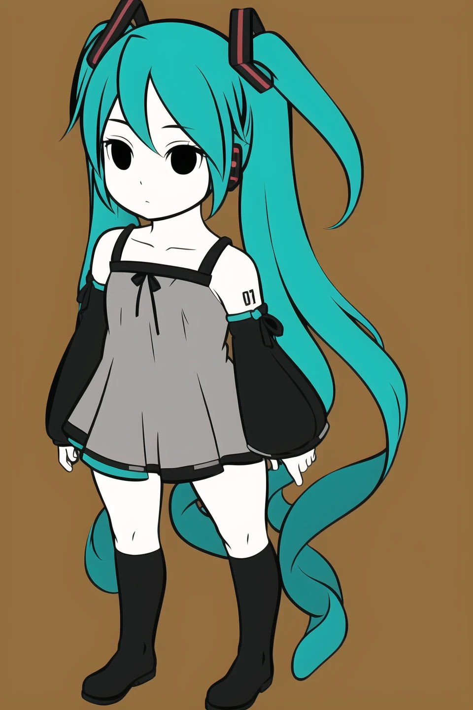 1girl,solo,GREEN hair,long hair,twintails,gray dress,detached sleeves,bare shoulders,hatsune miku,white skin,black eyes,expressionless,masterpiece,best quality,high quality,full body,<lora:FRZ-V4:0.6>,