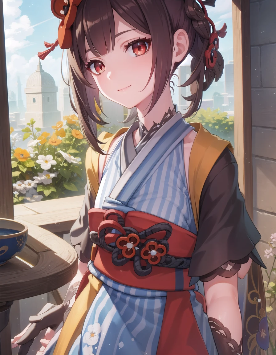 genshinchiori, <lora:genshin chiori ingamebooru-lora-nochekaiser:1>,
chiori, brown hair, hair ornament, (red eyes:1.3), flower, hair flower, smile,
BREAK gloves, japanese clothes, sash, obi,
BREAK outdoors,
BREAK looking at viewer, (cowboy shot:1.5),
BREAK <lyco:GoodHands-beta2:1>, (masterpiece:1.2), best quality, high resolution, unity 8k wallpaper, (illustration:0.8), (beautiful detailed eyes:1.6), extremely detailed face, perfect lighting, extremely detailed CG, (perfect hands, perfect anatomy),