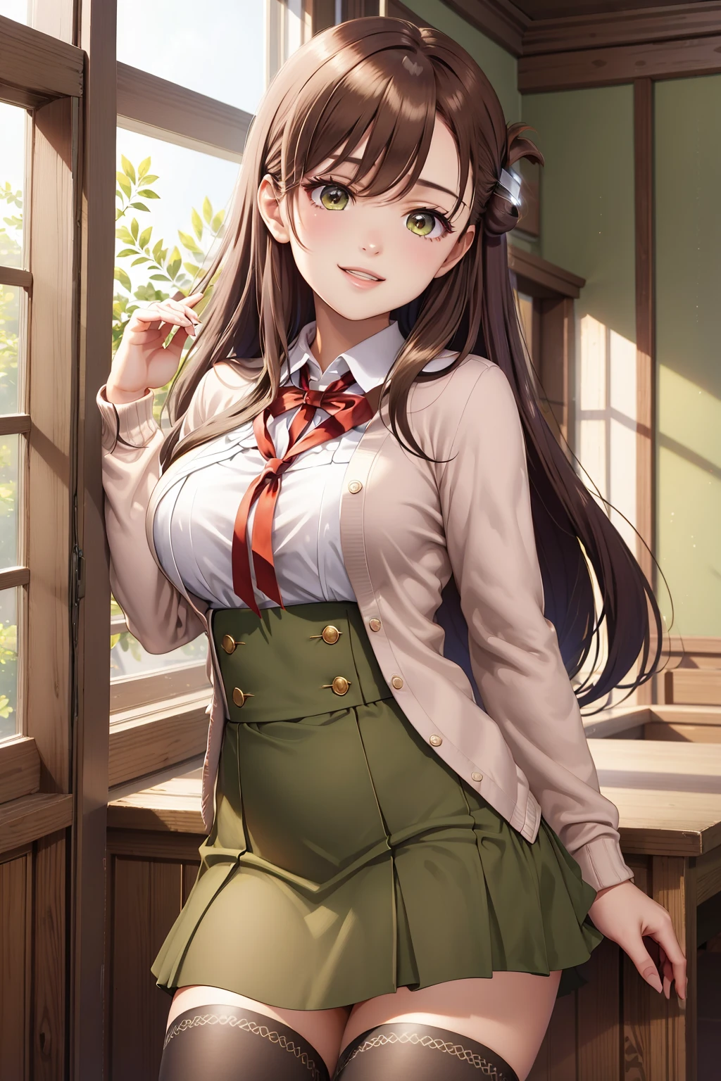 (masterpiece, best quality:1.2), 1girl, solo, yuri_wakasa, smile, laugh, brown hair, green eyes, tareme, long hair, hair clip, red ribbon, white cardigan, (large breasts:1.2), black thighhighs, looking at viewer, class room landscape, <lora:wakasayuri_4:0.8>, <lora:GoodHands-beta2:1>