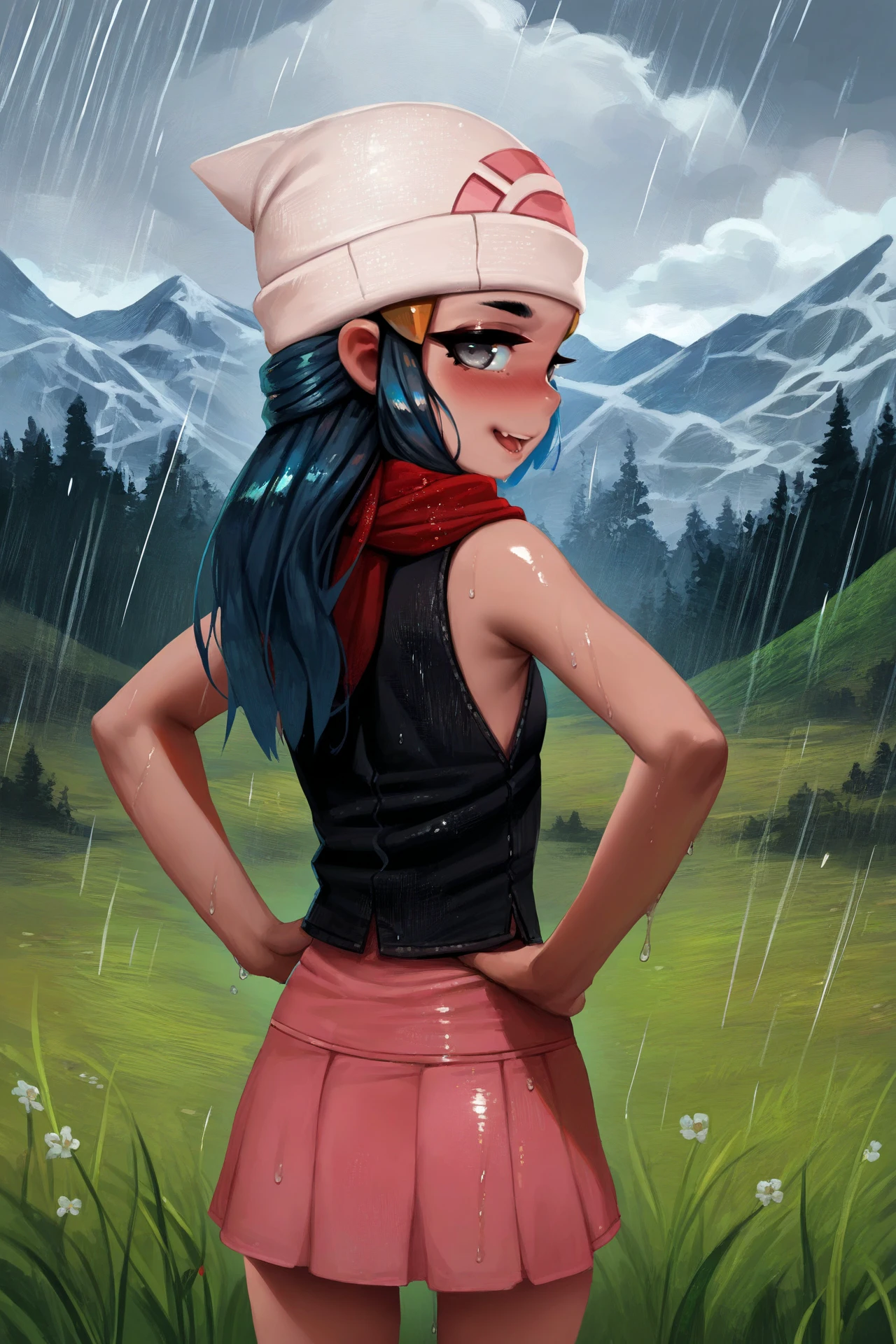 score_9, score_8_up, score_7_up, score_6_up, score_5_up, score_4_up, source_anime, outside, grass field, mountainous background, overcast, cloud, raining, rear view, looking at viewer, grey eyes, open mouth, smile, blush, looking back, female, solo, human, blue hair, long hair, white beanie, (dawn \(pokemon\):.5), small breasts, black vest, pink skirt, sleeveless, red scarf, hands on hips, wet, wet clothing, wet hair, shiny skin