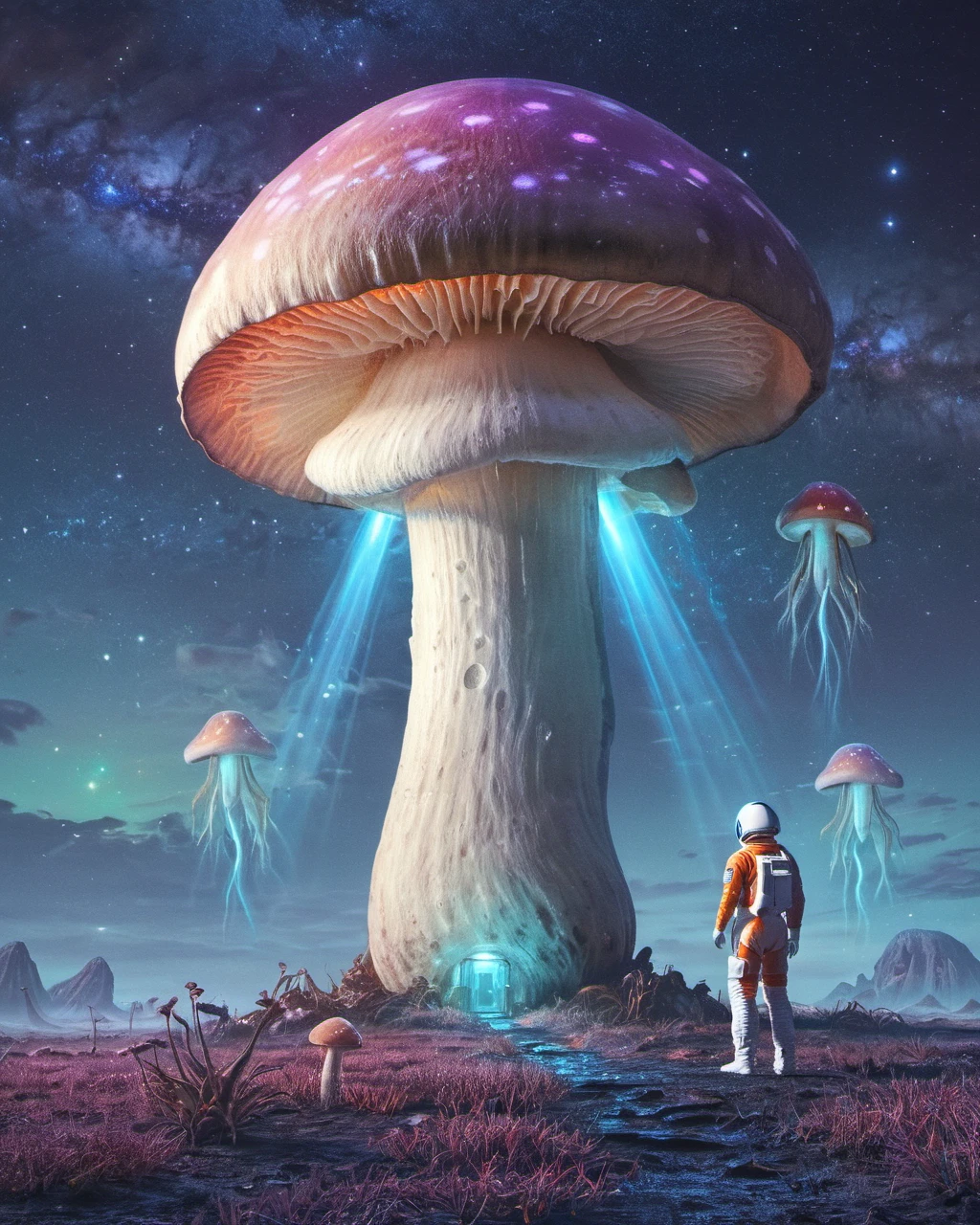 Beeple style, digital art, bioluminescent mushroom, alien landscape, astronaut standing under the mushroom, night sky lots of stars, meticulous detail