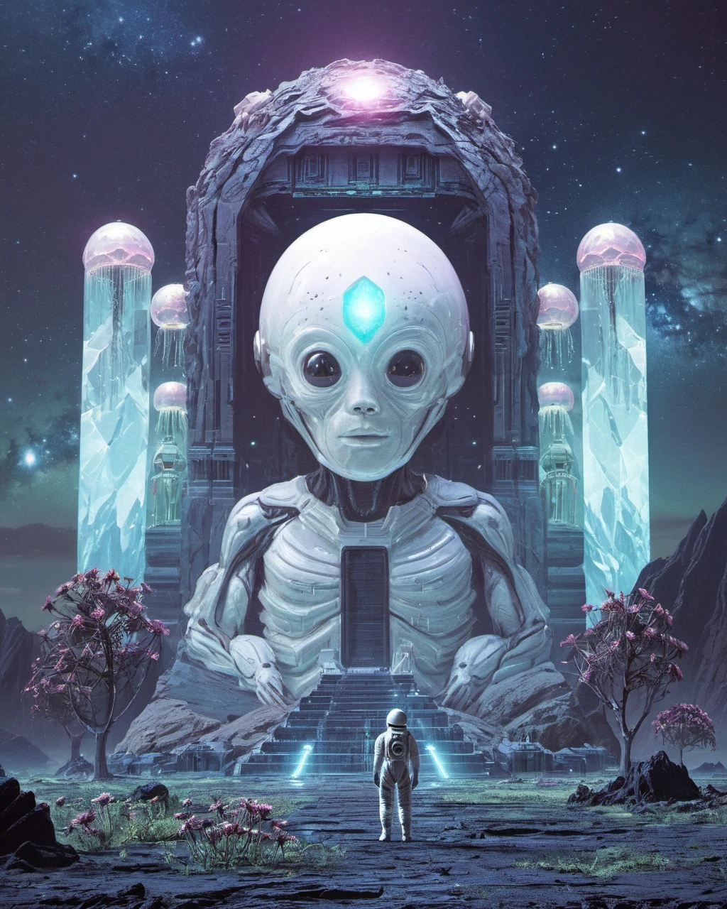 Beeple style, digital art, surreal, crystalline temple on alien landscape, astronaut stands in front of temple, dark night sky, glowing flora, meticulous detail