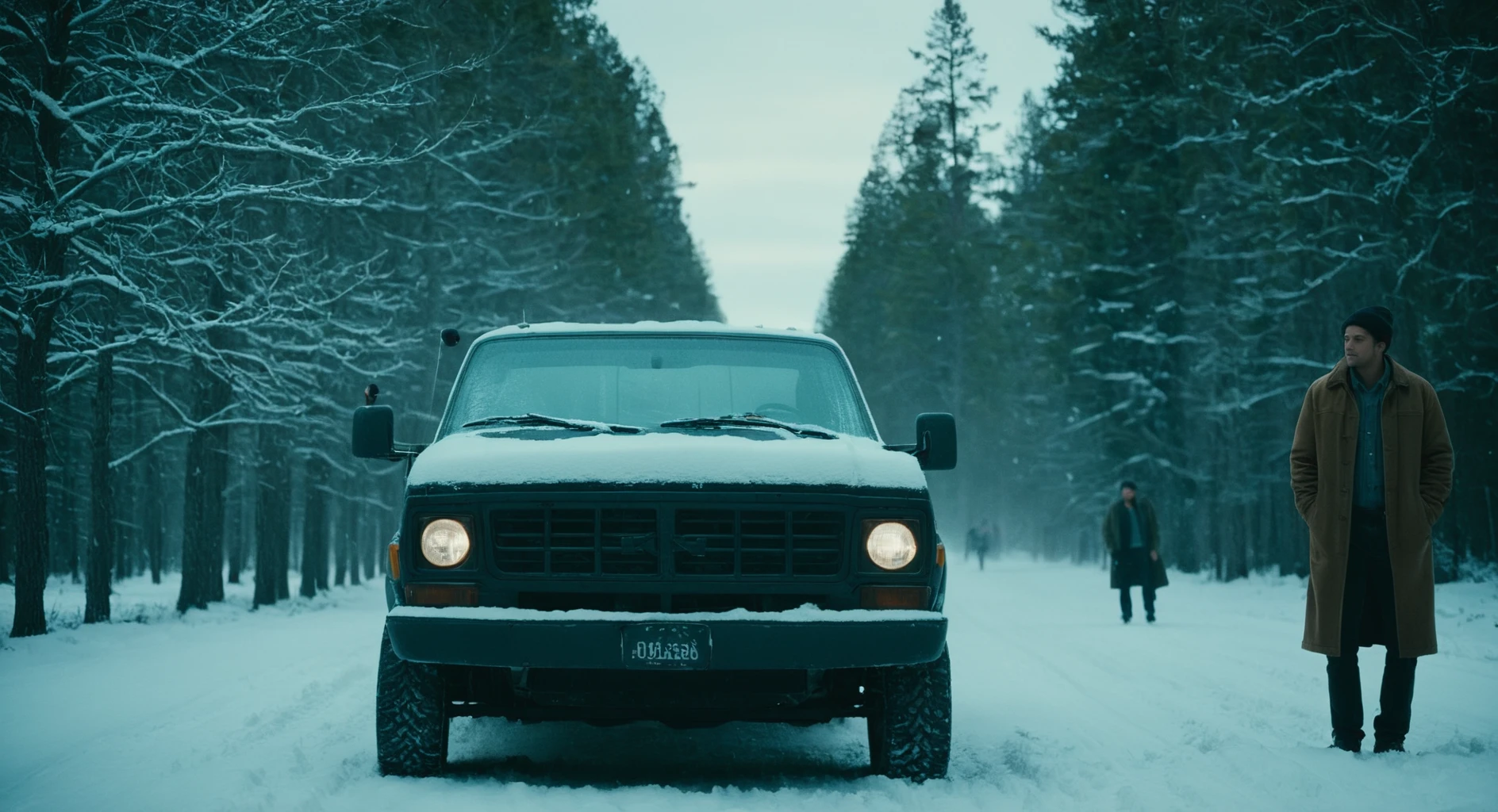 cinematic film still of  <lora:Split Diopter style:1>
Split image focus of closeup of a  truck car on the left in the snow standing next to two men on the right,Split Diopter style,1girl,short hair,black hair,hat,outdoors,multiple boys,day,2boys,tree,coat,ground vehicle,scenery,motor vehicle,snow,winter clothes,car,winter,truck,nearsighted,farsighted,split,split focus,focus,sharp focus,deep focus,Split focus,split screen , artistic, Kodak, dramatic light, dramatic shadow light, contrast, saturated color, cinematic, filmic, motion picture, realistic, realism, perfection, perfect, deep focus, clean image, wide screen, detailed image, cinematic, deep space composition, shallow depth of field, vignette, highly detailed, high budget, bokeh, cinemascope, moody, epic, gorgeous, film grain, grainy