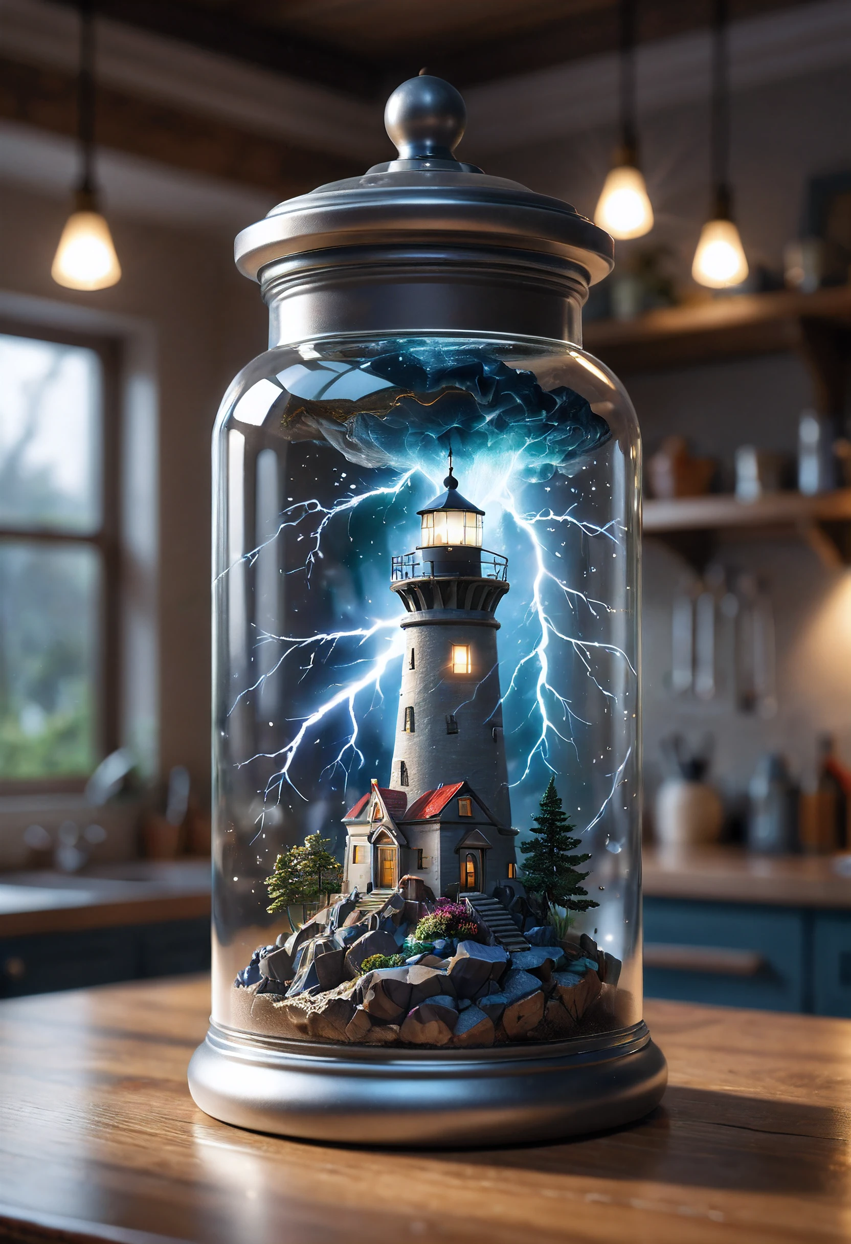 sci-fi style epic scene, an optical illusion of a lighthouse in a storm, lightning storm, inside of a glass jar. glass jar sitting on a kitchen counter, no windows, volumetric lighting, volumetric, ray tracing, sense of awe, swirling mist, sense of awe, mystical, style of Jay Anacleto, bokeh, . futuristic, technological, alien worlds, space themes, advanced civilizations
