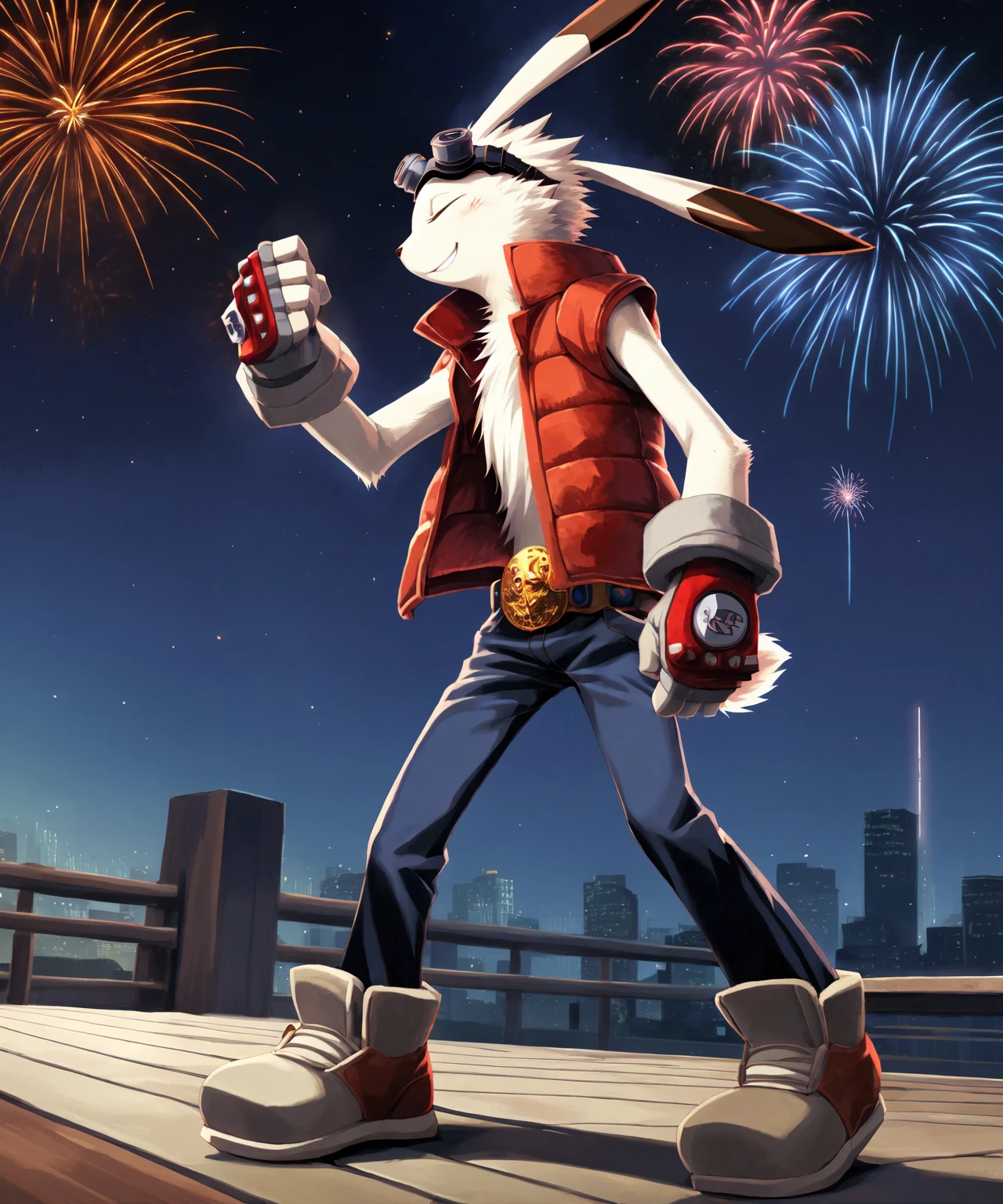 king kazma, standing, confident, adjusting headwear,hand on head, happy, smile, eyes closed, ^_^, lagomorph,male, fur, detailed fur, solo, anthro, dipstick ears, anatomically correct, symmetrical, buckteeth, 4k, hi res, outdoors,night, goggles, goggles on head, vest, red down vest, handwear, fingerless gloves, pants, bottomwear, belt, shoes, footwear, fireworks, detailed background, realistic, photorealistic, photorealism,ultra realism shading, dimly lit, low light,cinematic lighting,natural lighting, backlighting, digital media (artwork),by katahane3,by yamatokuroko965,by inumania, (rembrandt:1.1025), by essence of rapture, by xnirox, by kurohane karasu,by furukara, by tenebscuro, by nurinaki, by falcrus, by zackary911,by blotch, <lora:kingkazma_YMv4:0.9>