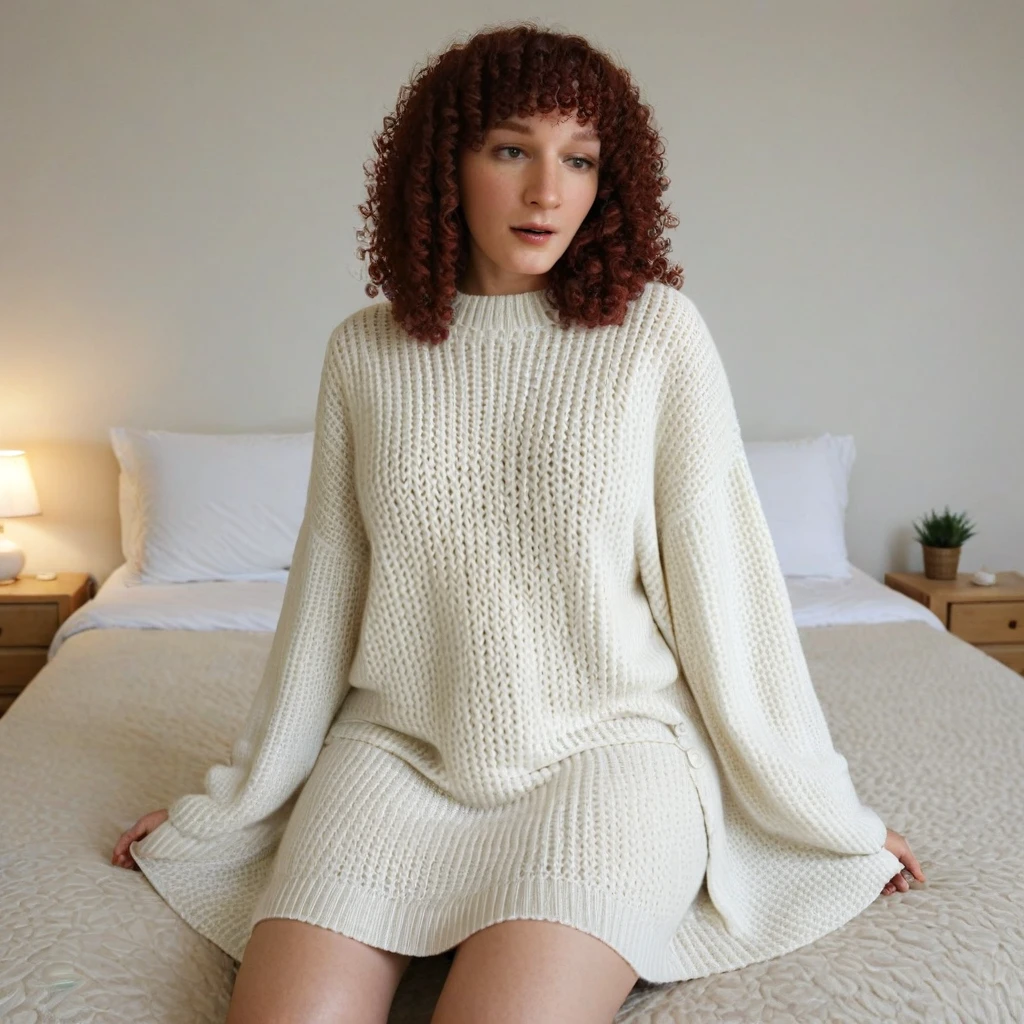 <lora:02A9A6C1EA:1> ((thebertsimon)) big sweater dress, bedroom, sitting on the bed