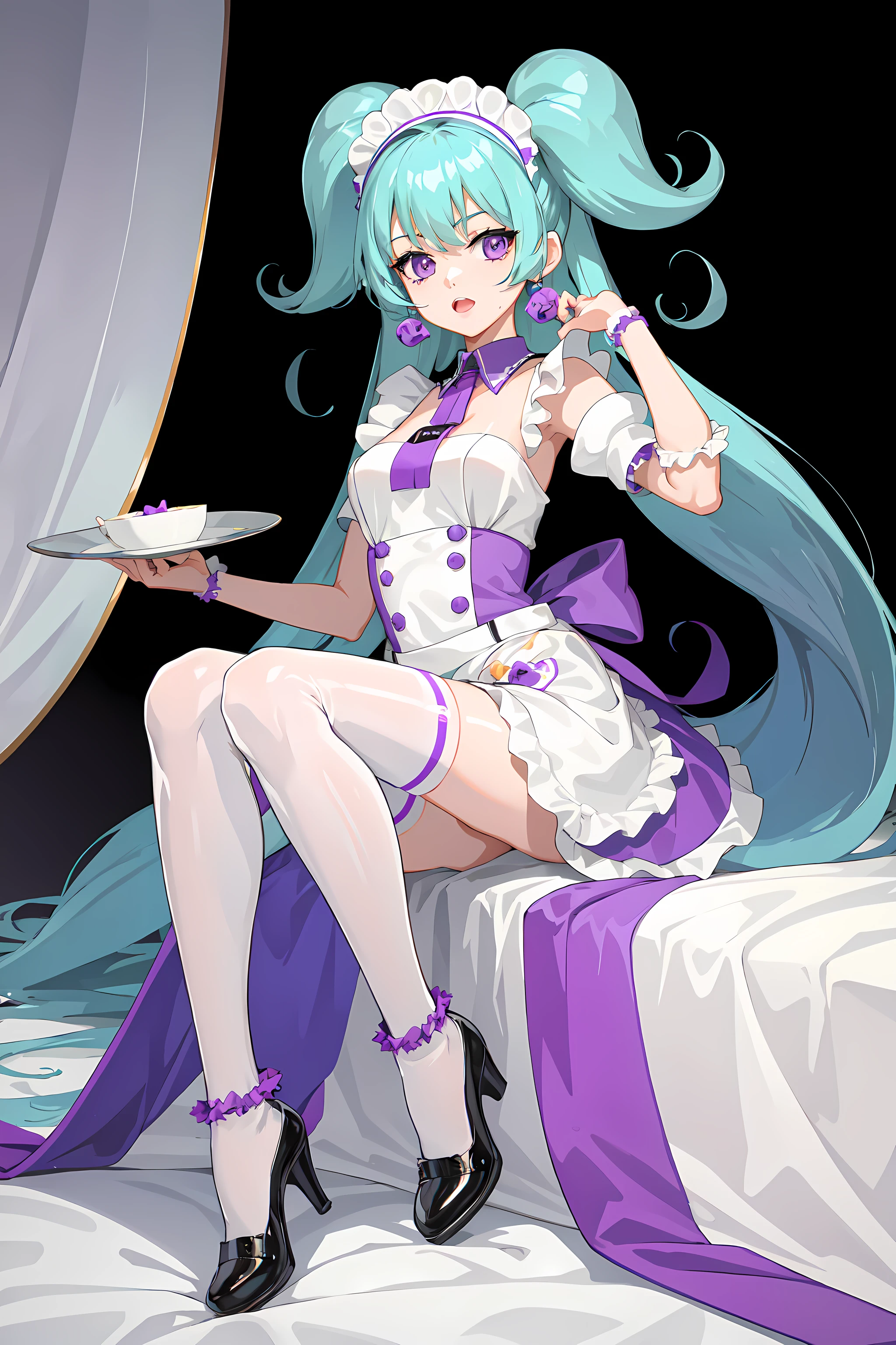 <lora:PamuCCv1:0.7> pamu, masterpiece, best quality, 1girl, solo, blue hair, long hair, purple eyes, (((maid uniform))), thighhighs