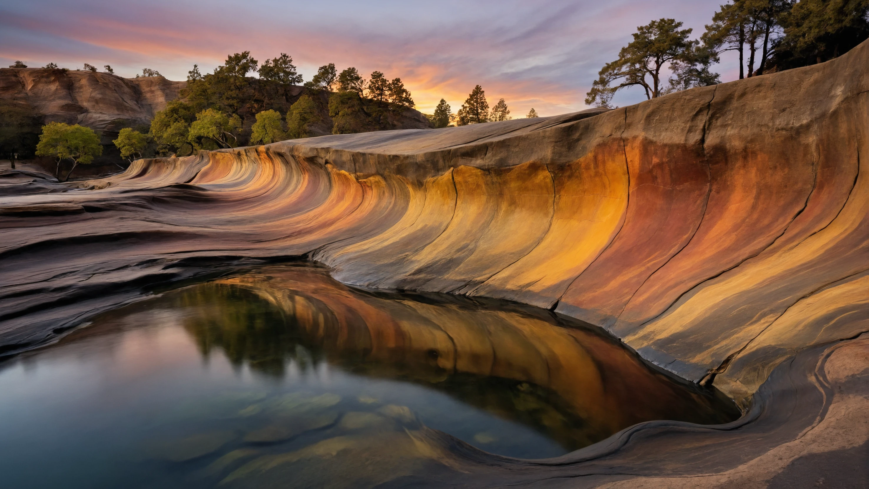 Opposite that, with the surface reflecting hints of the sunset's colors., wave-like rock walls that have been eroded into flowing shapes. The walls have rich gradations of color, likely either morning or evening. trees, which suggests it may be an institution or a place of interest.
<lora:Landscapes-v1.1:0.8>,