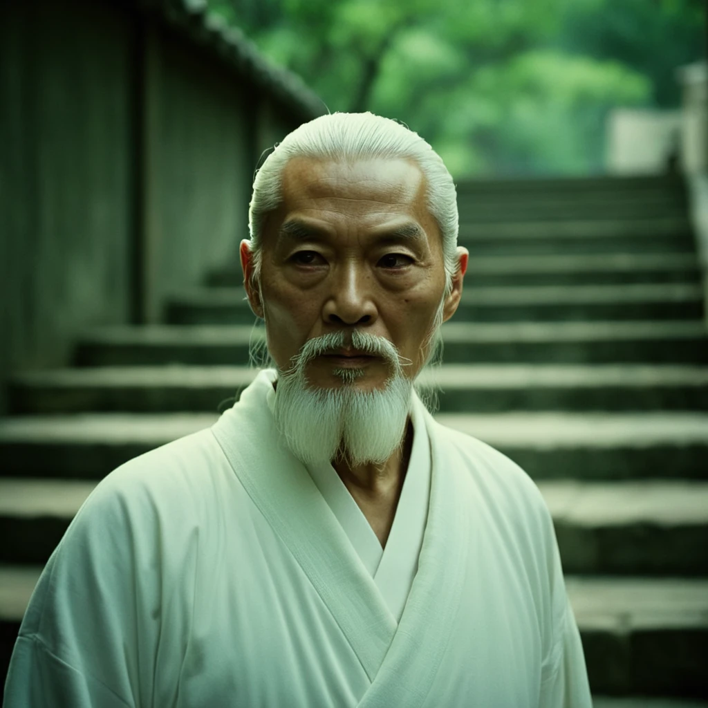cinematic film still of  <lora:Kill Bill style:1>
Cinematic film image of Pai Mei a man with a white beard and a white robe,solo,looking at viewer,1boy,white hair,male focus,outdoors,facial hair,beard,stairs,mustache,old,old man,topknot , Kodak film grain, dramatic light, dramatic shadow light, contrast, saturated color, cinematic, filmic, motion picture, realistic, realism, perfection, perfect, deep focus, clean image, Kill Bill style, Kill Bill Film Style, shallow depth of field, vignette, highly detailed, high budget, bokeh, cinemascope, moody, epic, gorgeous, film grain, grainy