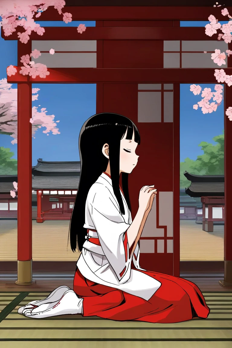 score_9, score_8_up, score_7_up, rating_safe BREAK
1girl, blunt bangs, forehead, extremely long hair, shiny black hair, closed eyes, flat chest, (praying), miko, red skirt, japanese clothes, tabi, on floor, (seiza), from side, full body, wide shot, shrine, cherry blossoms