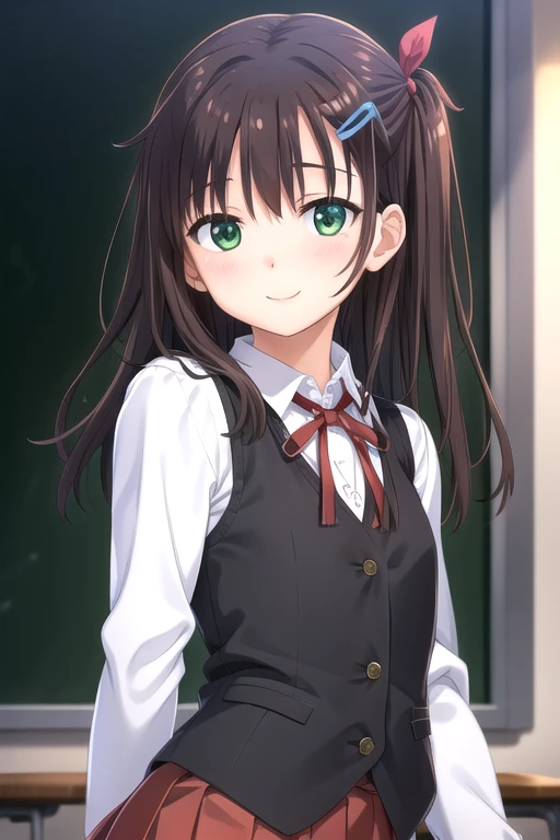 ((masterpiece)),(best quality),official art,extremely detailed CG,unity 8k wallpaper,ultra detailed,beautiful detailed eyes,extremely detailed face,classroom,1girl,solo,upper body,(portrait:1.5),looking at viewer,facing viewer,(petite:1.2),smile,Onami Sora,brown hair,long hair,one side up,floating hair,hair intakes,hair ribbon,hair ornament,hairclip,bangs,green eyes,black vest,vest button,wing collar,neck ribbon,red ribbon,collared shirt,white shirt,long sleeves,small breasts,miniskirt,red skirt,pleated skirt,black socks,loafers,<lora:Onami Sora(oazgs)>,