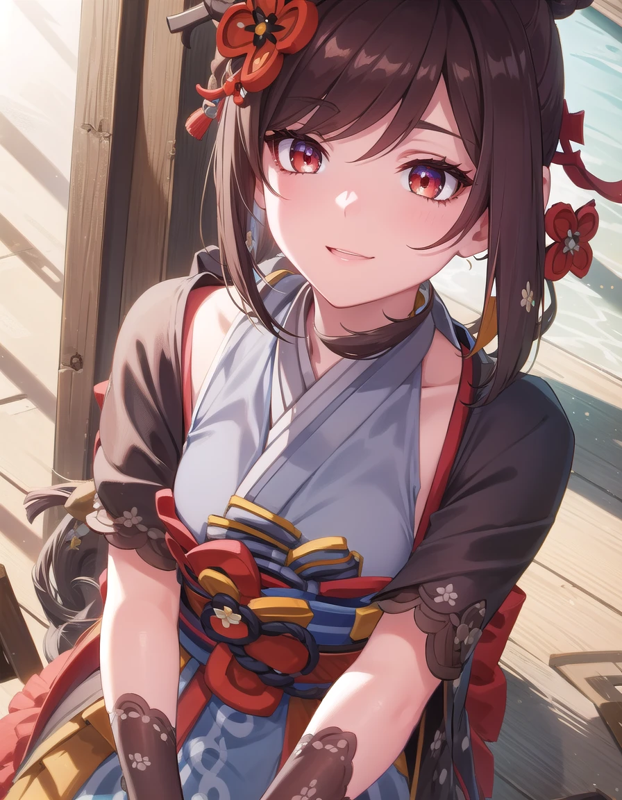 genshinchiori, <lora:genshin chiori ingamebooru-lora-nochekaiser:1>,
chiori, brown hair, hair ornament, (red eyes:1.3), flower, hair flower, smile,
BREAK gloves, japanese clothes, sash, obi,
BREAK outdoors,
BREAK looking at viewer, (cowboy shot:1.5),
BREAK <lyco:GoodHands-beta2:1>, (masterpiece:1.2), best quality, high resolution, unity 8k wallpaper, (illustration:0.8), (beautiful detailed eyes:1.6), extremely detailed face, perfect lighting, extremely detailed CG, (perfect hands, perfect anatomy),