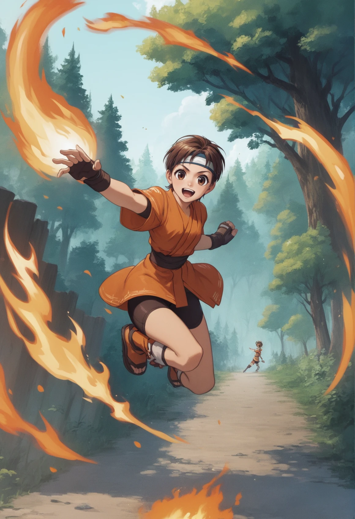 1girl, short hair, brown hair, brown eyes, smile, orange japanese clothes, short sleeves, bike shorts, armored legwar, fingerless gloves, flying kick, flames, fire, dragon, full body, outdoors, forest, cowboy shot <lora:Wakaba XL:1> anime screencap, score_9, score_8_up, score_7_up, score_6_up, score_5_up, score_4_up, BREAK source_anime, masterpiece