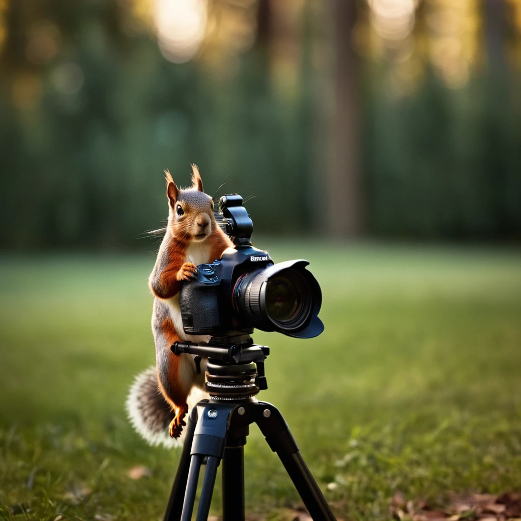 cinematic film still of  <lora:Juxtaposition style:1>
Juxtaposition of a squirrel is sitting on a tripod and taking a picture,blurry,no humans,depth of field,blurry background,animal,robot,realistic,camera,animal focus Juxtaposition, artistic, photography, dramatic light, dramatic shadow light, contrast, saturated color, cinematic, filmic, photographic, realistic, realism, perfection, perfect, Juxtaposed, opposite, different things, side by side, syncretism, antithesis, Juxtaposition style, shallow depth of field, vignette, highly detailed, high budget, bokeh, cinemascope, moody, epic, gorgeous, film grain, grainy