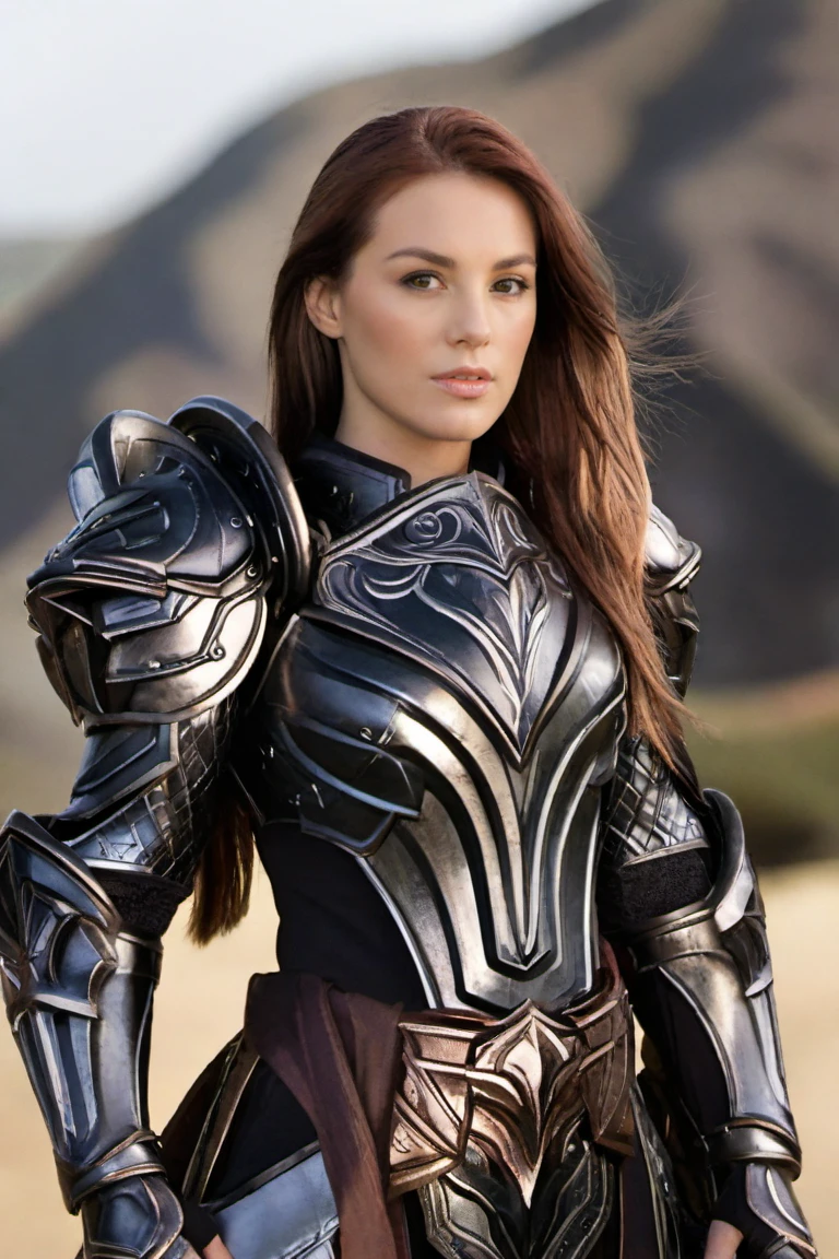 hxarmour,1 woman,(black armour:1.1),mountain,<lora:HXarmour_004XL:0.8>,
