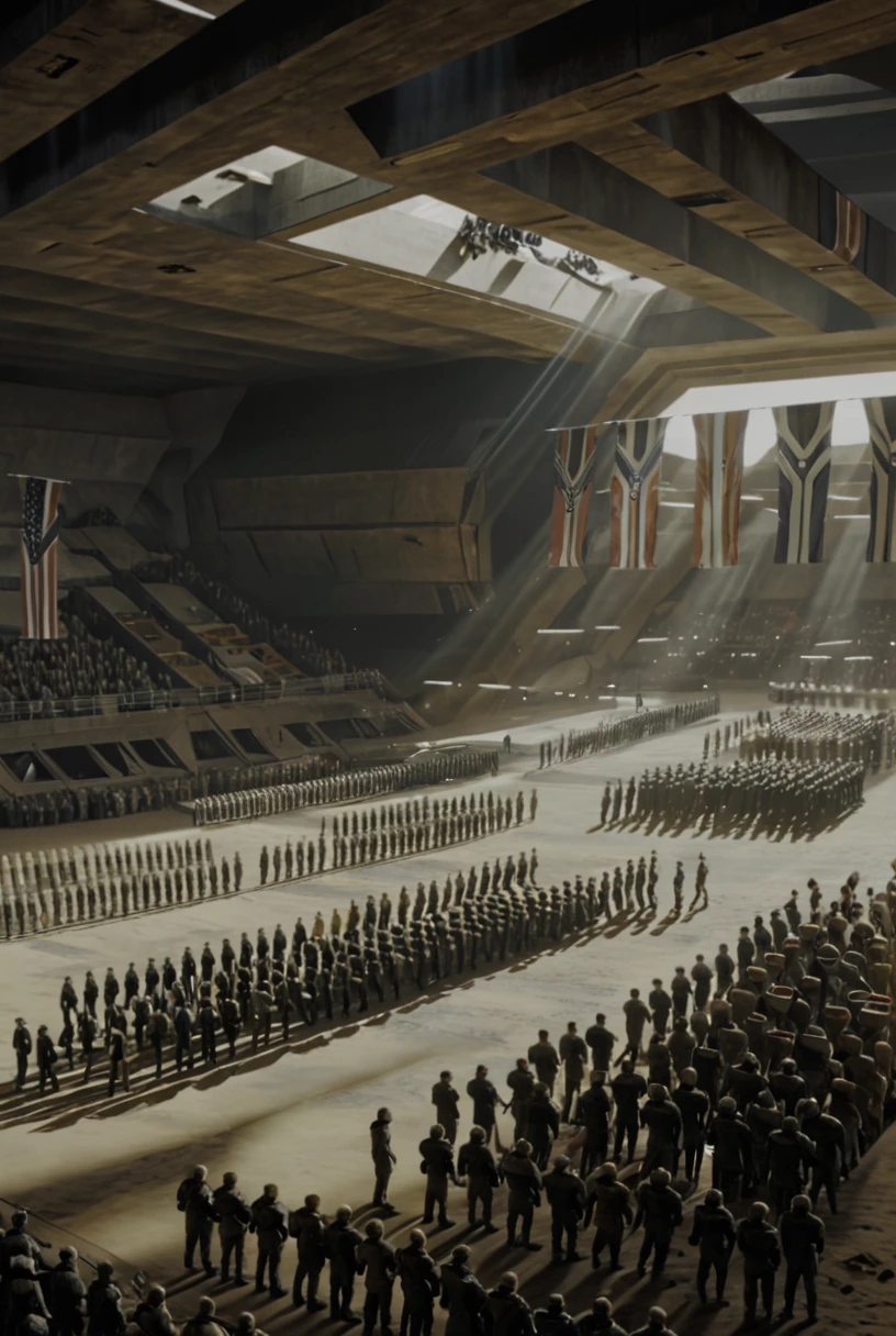 dune environment, large gathering of people, flags, military
reflections, realistic lighting, light rays, beams of light, realistic, high quality photo, 4k, 7-dune
<lora:xl_more_art-full_v1:0.3> <lora:add-detail-xl:0.5> <lora:Dune Style v1.0:1>