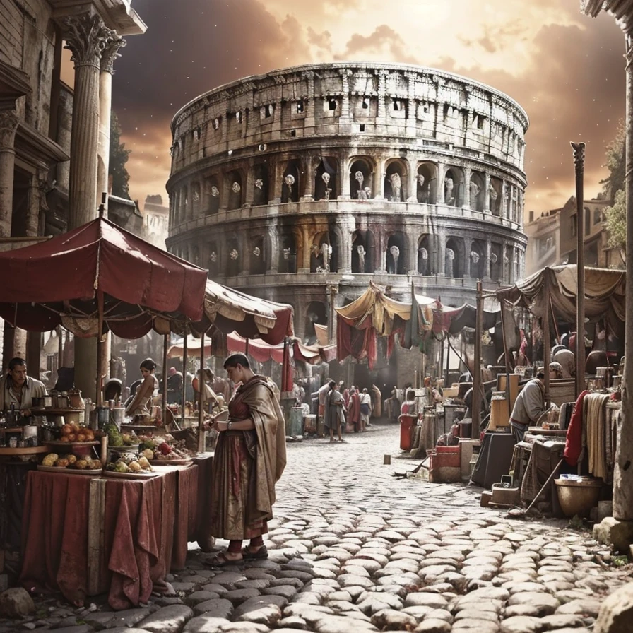(masterpiece:1.2), (best quality,:1.2), 8k, HDR, ultra detailed, ((photorealistic)), professional light, cinematic lighting, fashion photography, ambient lighting, face lighting, <lora:detail_slider_v4:1>, Fantasy picture, a busy street with vendors in ancient rome, RomAr, <lora:RomanArchitecture-10:1>, epiCPhoto