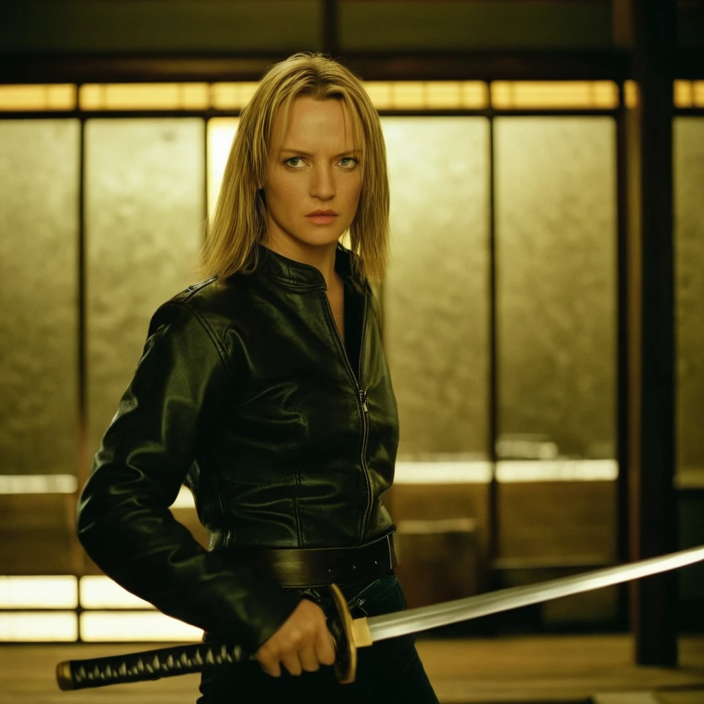 cinematic film still of <lora:Kill Bill style:1>
Cinematic film image of The Blonde a woman in a leather jacket holding a sword,1girl,solo,blonde hair,jacket,weapon,belt,pants,sword,katana,denim,jeans,realistic,leather , Kodak film grain, dramatic light, dramatic shadow light, contrast, saturated color, cinematic, filmic, motion picture, realistic, realism, perfection, perfect, deep focus, clean image, Kill Bill style, Kill Bill Film Style, shallow depth of field, vignette, highly detailed, high budget, bokeh, cinemascope, moody, epic, gorgeous, film grain, grainy