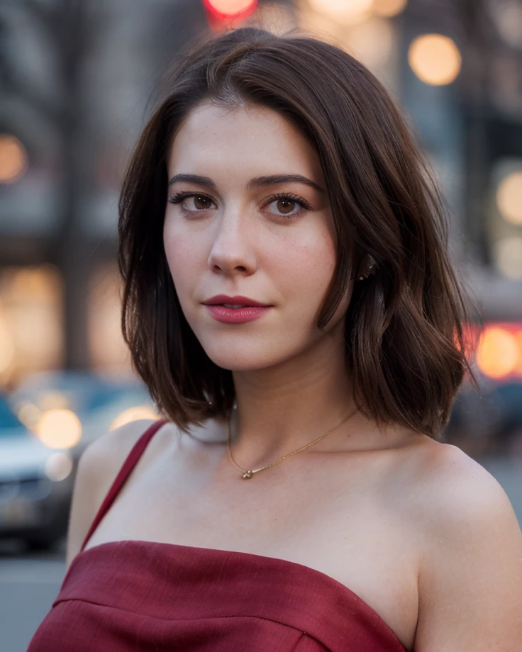 a picture of m4ryeliz2, brunette, realistic, photorealistic, detailed skin, surface scattering, bokeh, skin pores,  city streets,wearing a red dress,outdoors, <lora:m4ryeliz2:1>looking at viewer, epiCPhoto