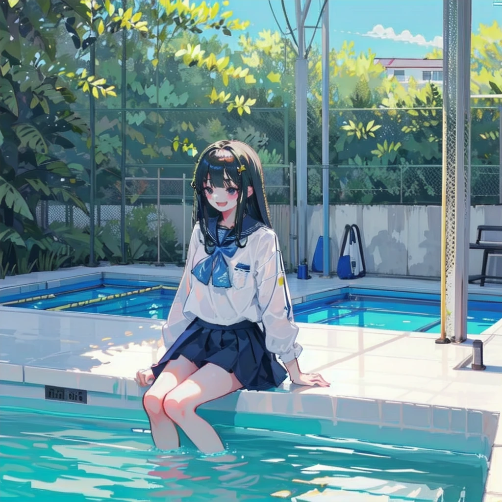 top-quality、Full limbs、complete fingers、Slender beauty、straight haired、black hair, Bery short hair、knee high、School swim wear、Small eyes、Does not blush cheeks、school swimming pool