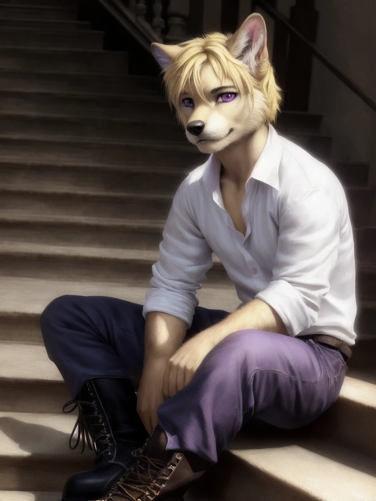 photorealistic, masterpiece, best quality, highly detailed, illustration, realistic, male, furry, blonde hair, purple eyes, detailed eyes, flat chest, white shirt, boots, sitting on staircase, looking at viewer, full body