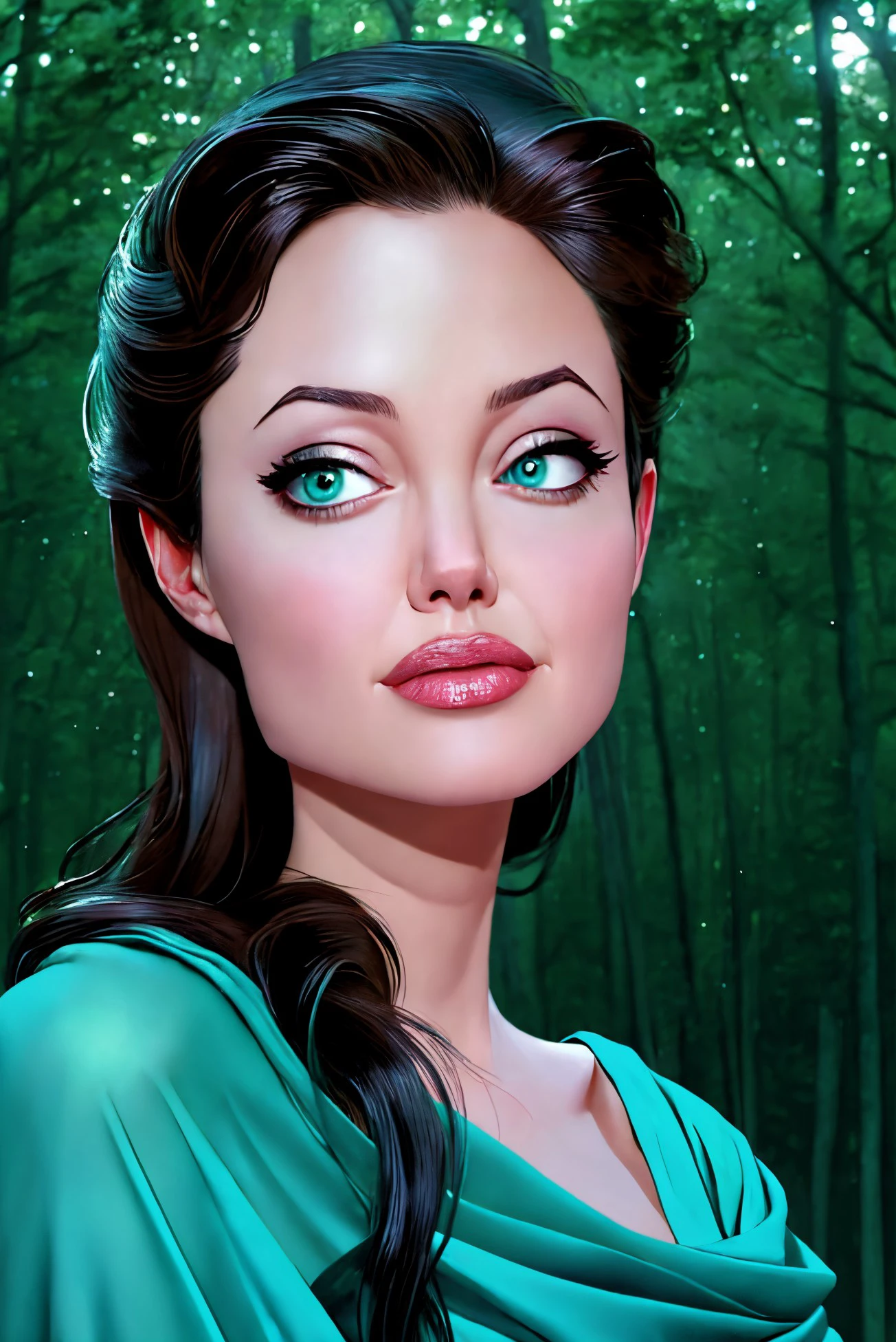 Angelina Jolie closeup, 1950s, beautiful, closeup, upper body,
,macro photography,
colossal,
Teal modest dress,
highres, detailed, well dressed,
Moonlit forest clearing and ethereal glow at the background, best quality, masterpiece,
<lora:Angelina:0.70>