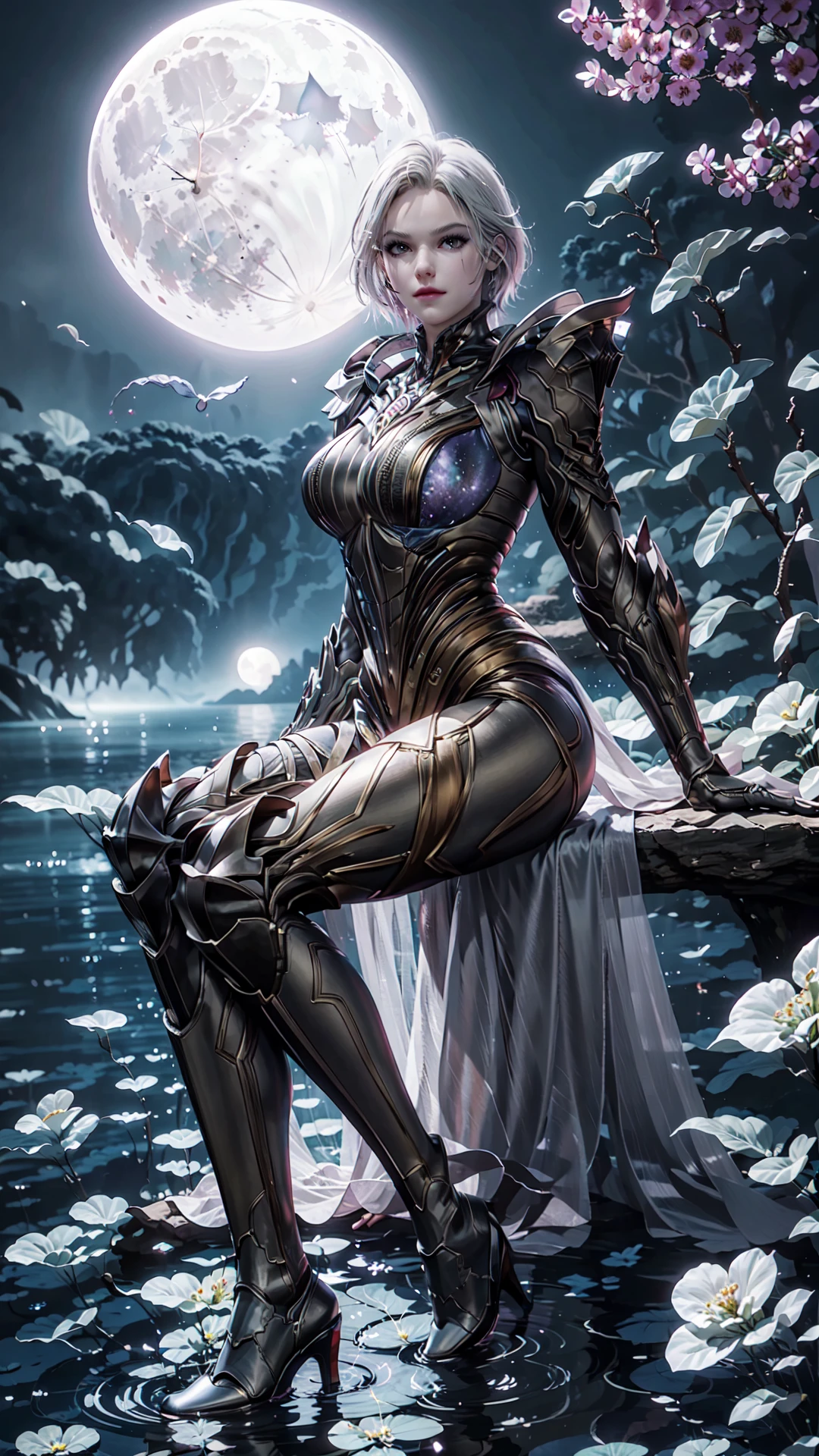 <lora:jmai_20240312184454-0000010:0.7>,short hair,grey hair,full_body,white_flower,(armor:1.1),(armored_boots:1.1),(shoulder_guard:1.1),full_moon,moonlight,scarlet_moon,lying on the water surface,sitting on a stone,
