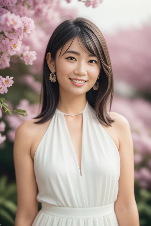 1girl,(RAW photo, best quality), (realistic, photo-realistic:1.4), masterpiece, an extremely delicate and beautiful, extremely detailed, 2k wallpaper, Amazing, finely detail, extremely detailed CG unity 8k wallpaper, ultra-detailed, highres, soft light, beautiful detailed girl, extremely detailed eyes and face, beautiful detailed nose, beautiful detailed eyes,cinematic lighting,perfect anatomy,slender body,
wearing a white halter neck dress,white skirt(bokeh)
at a flower park,sakura flowers,flower garden,smiling
 <lora:niimiyuka_lora:0.8>
