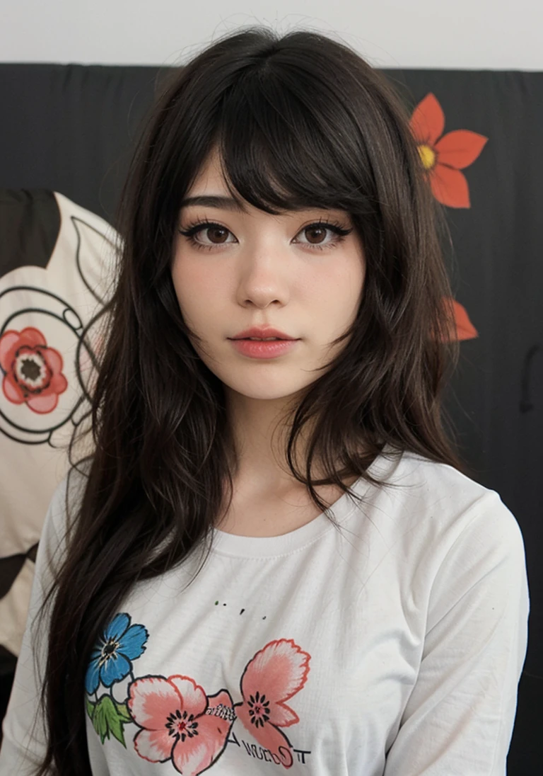 1girl, emirulol, (close up:1.4), ((headshot)), flowered tshirt, long sleeves, simple background,