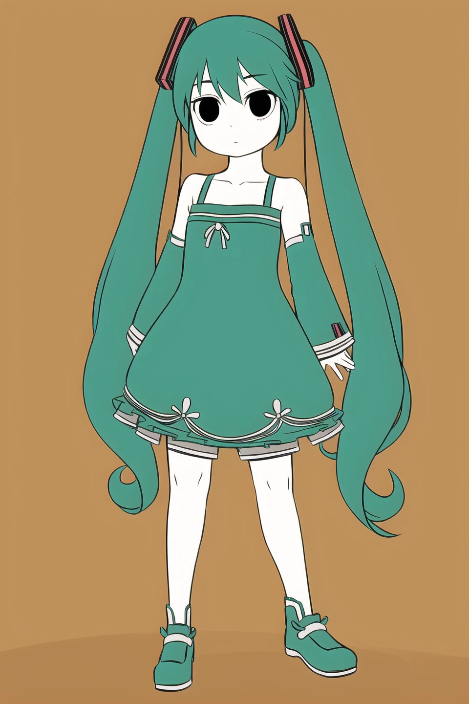 1girl,solo,GREEN hair,long hair,twintails,gray dress,detached sleeves,bare shoulders,hatsune miku,white skin,black eyes,expressionless,masterpiece,best quality,high quality,full body,<lora:FRZ-V4:0.8>,