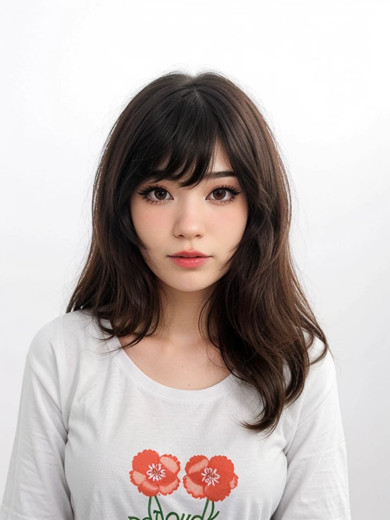 1girl, emirulol, flowered tshirt, long sleeves, (close up:1.4), upper body, headshot, (white background),